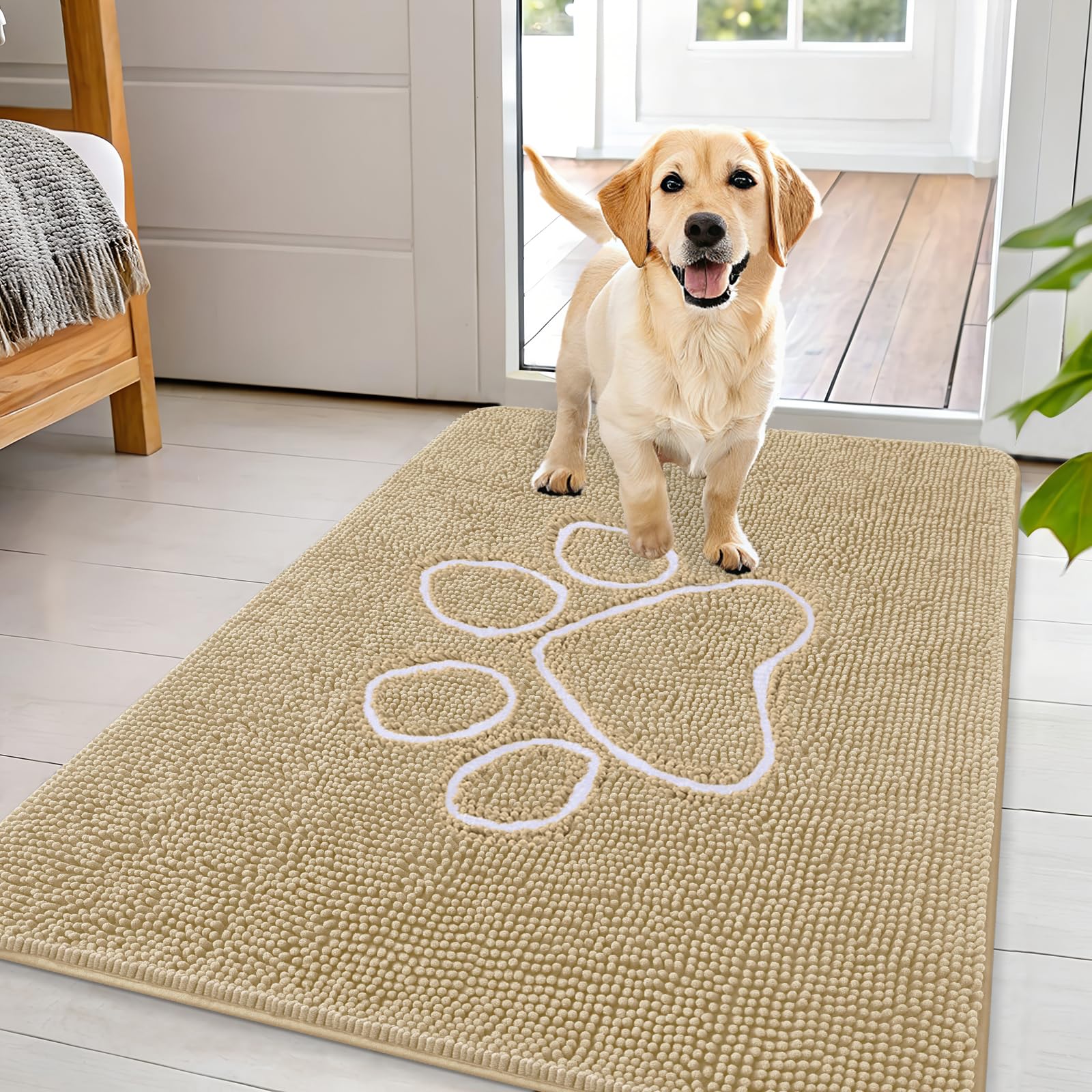 OLANLY Dog Door Mat for Muddy Paws 44x32, Paw Print Design Chenille Mud Mat