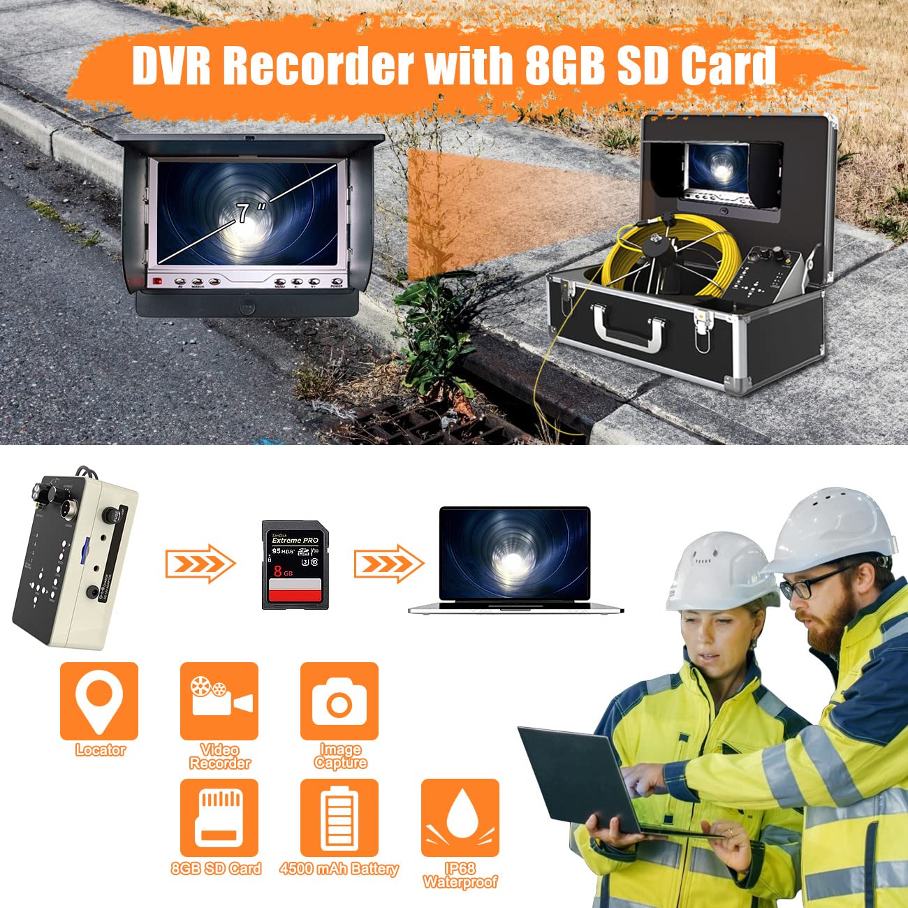 Anysun Telecamera per fognature con localizzatore, telecamera a tubo con trasmettitore e ricevitore sonda 512 Hz, impermeabile IP68, endoscopio idraulico industriale con monitor LCD da 7", scheda SD