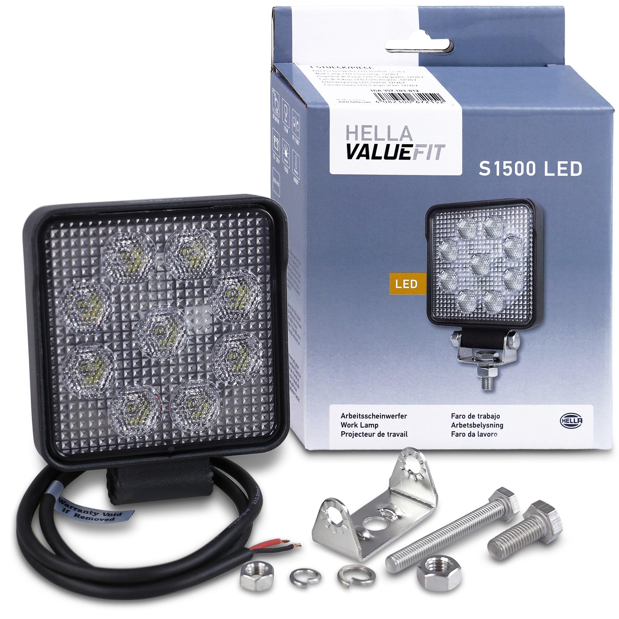 HELLA VALUEFIT 1GA 357 103-012 LED-Worklight - S1500 - 12/24V - 1500lm - mounting/Bolted - Swivelling Mounting Bracket - Short distance lighting - Cable: 800mm - Plug: open cable ends