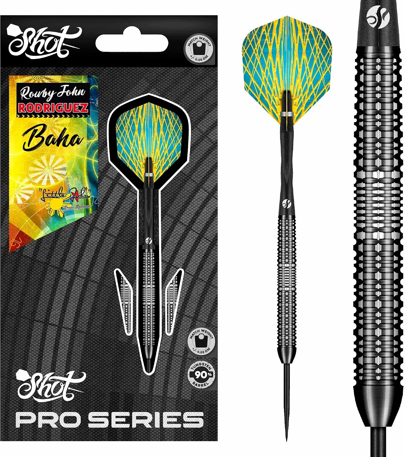 Shot! Pro Series Rowby-John Rodriguez BAHA Steel Tip Darts Set 90% Tungsten Barrels Handcrafted Professional Dart Set & Flights Made in New Zealand, Metal Tip for Bristle Dartboard