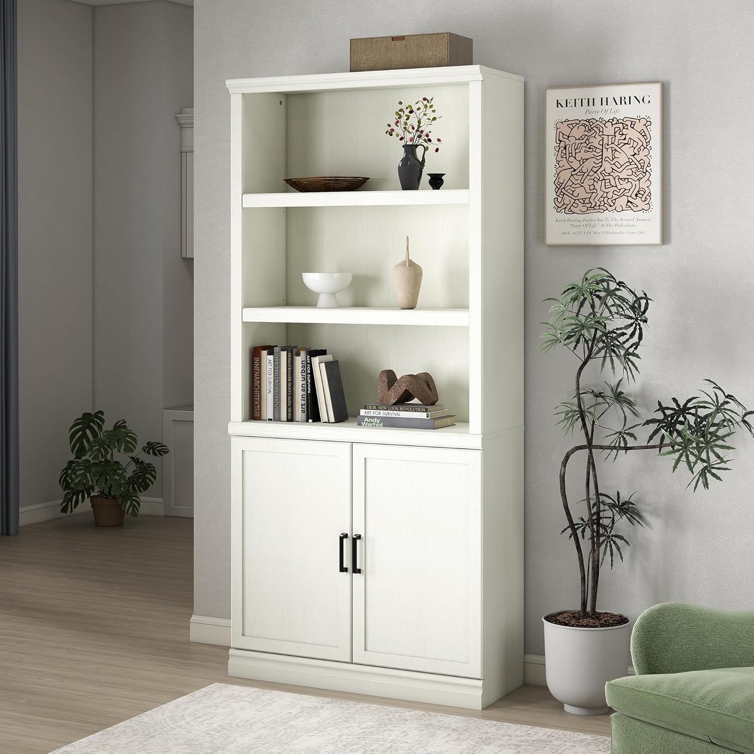 70 Inch Tall Bookcase with Doors, Library Office Bookshelf with Adjustable Shelves, Floor Standing Storage Cabinet for Bedroom Living Room Organizer with Anti Tipping Kit, Soft White Finish