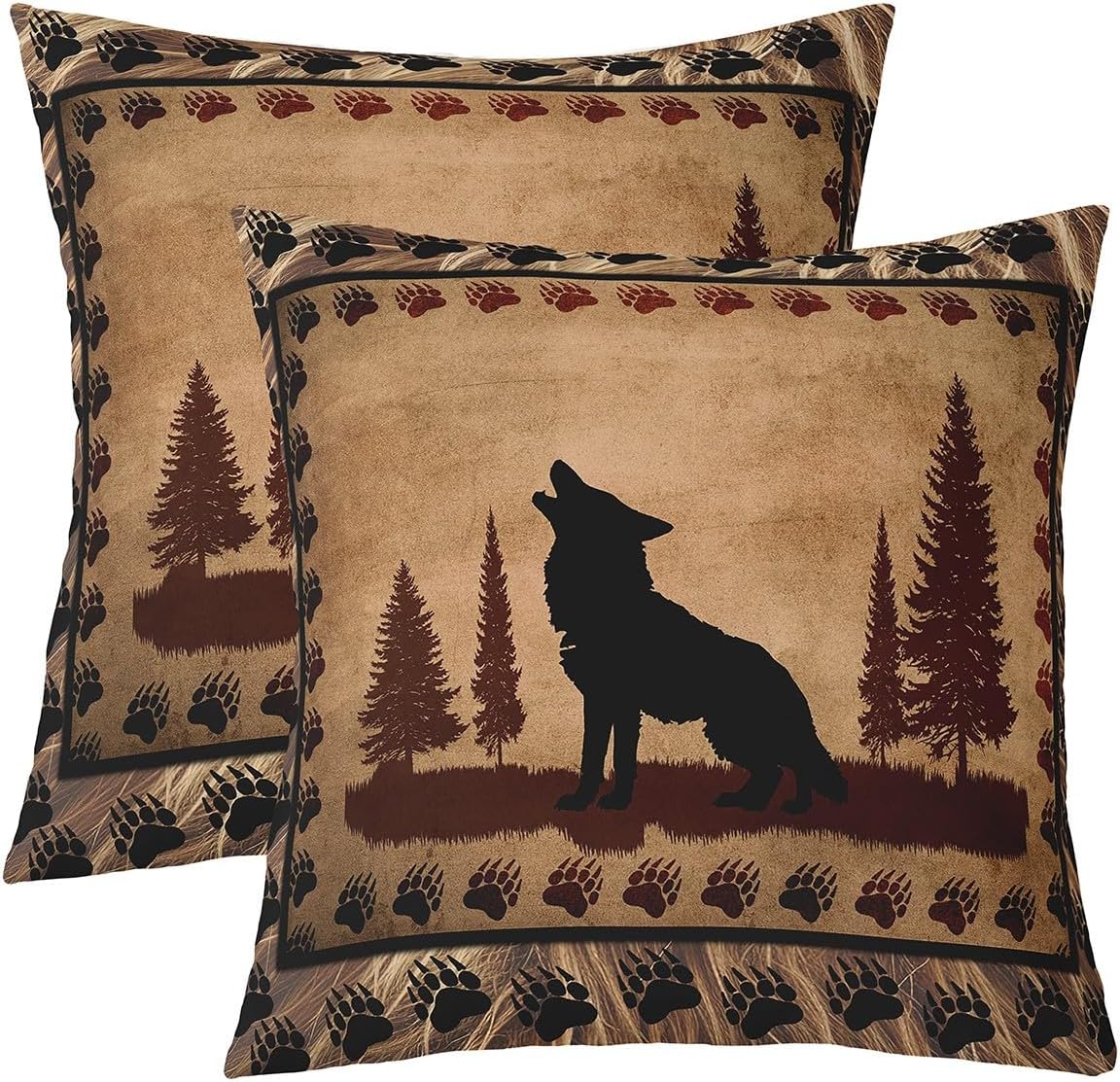 Cute Wolf Throw Pillow Covers 24"x24" Set of 2 Soft for Girls Boys Wolves Howling Throw Pillowcases Room Animal Wolves Tree Pattern Pillow Cases Cushion Covers Exotic Style Brown Black Cushion Cases