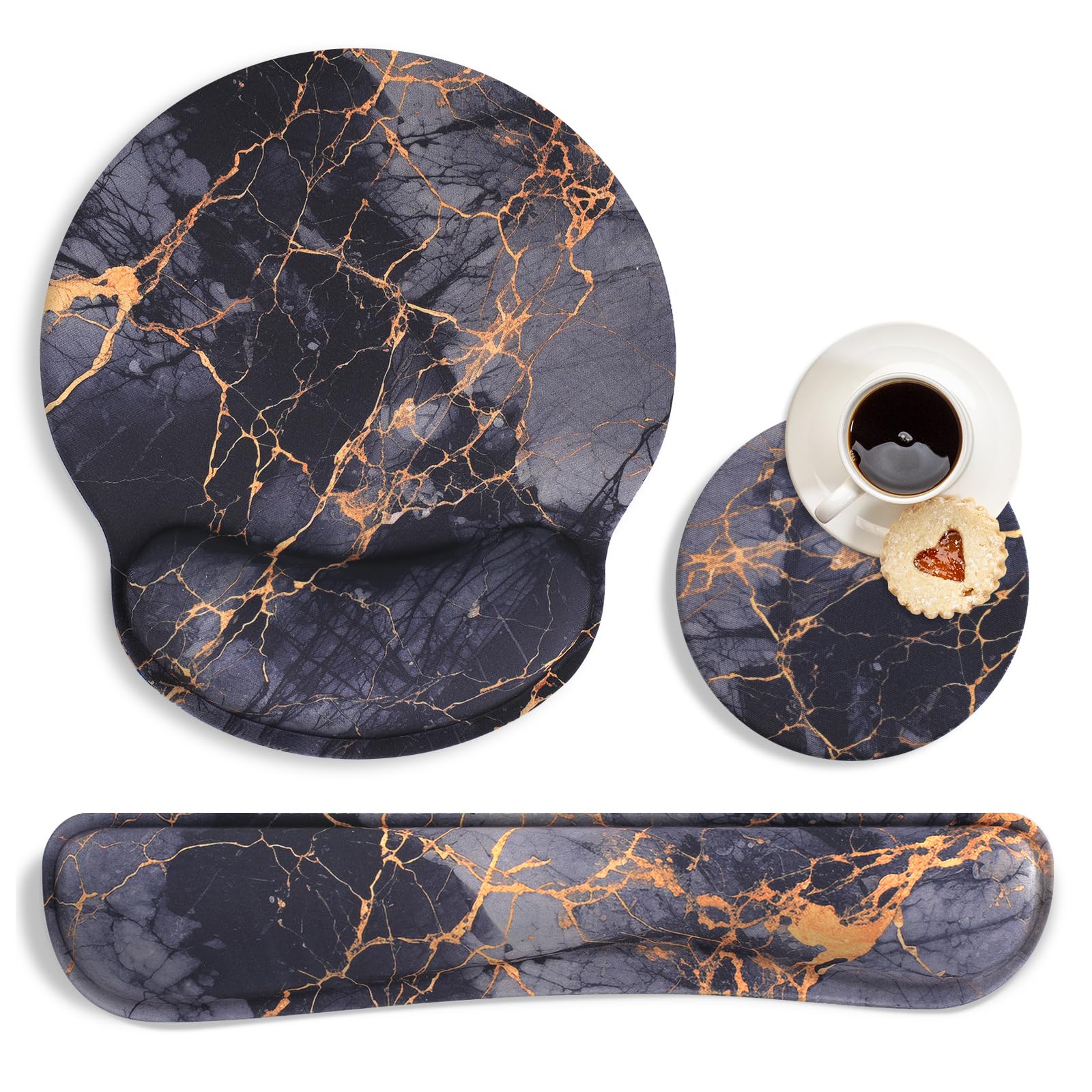 MOLNESOErgonomic Mouse Pad and Keyboard Wrist Rest, Black and Gold Marble Mouse Pad with Wrist Rest Set, Memory Foam Mouse Pad with Wrist Support and Keyboard Pad for Women, Office, Gaming, Computer