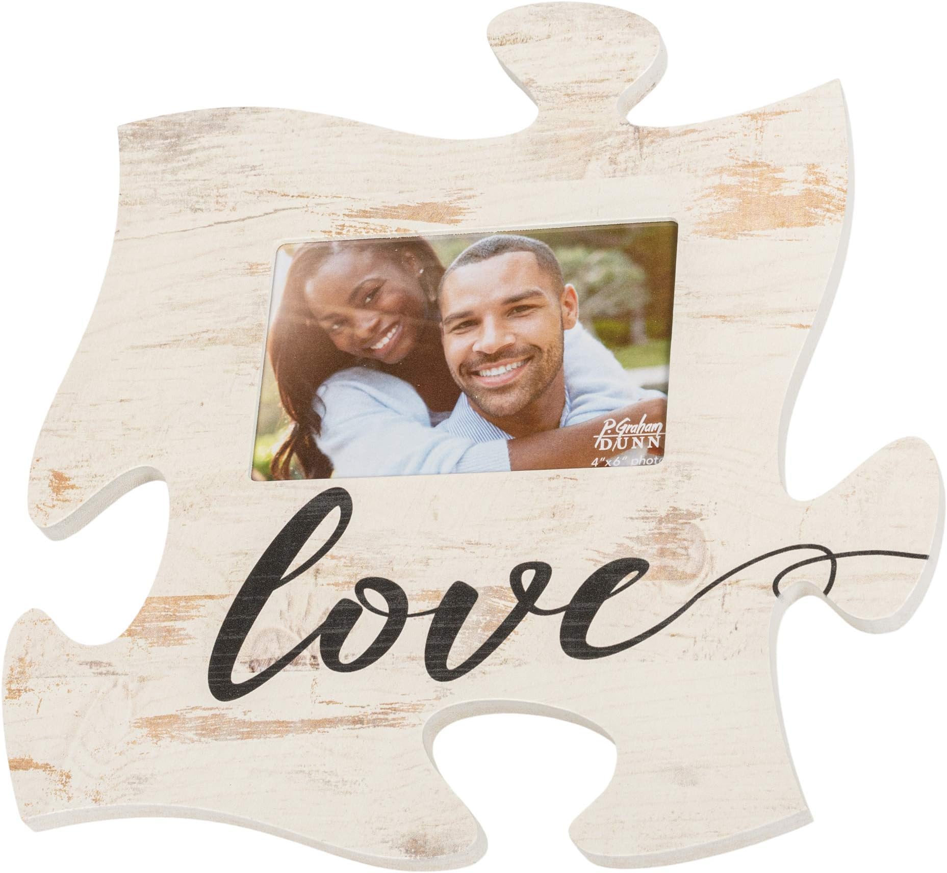 P. Graham Dunn Love Script Design White Distressed Wood Look 4 x 6 Wood Puzzle Wall Plaque Photo Frame