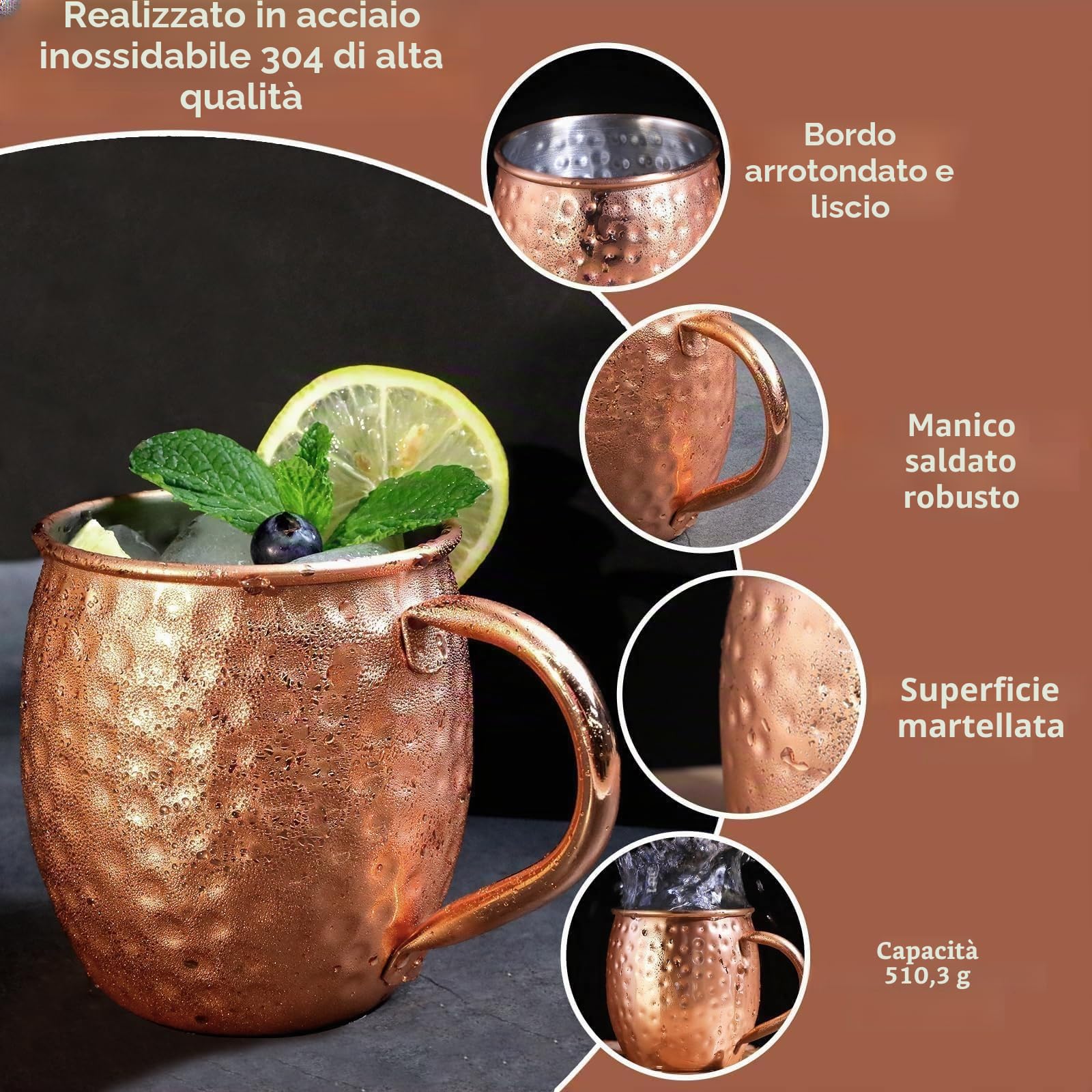 LINALL Moscow Mule, set di 2 tazze in acciaio inox placcato rame, 510 g, per bevande fredde, 2 pezzi