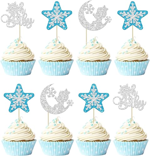 Gyufise Paquete de 24 adornos de copos de nieve de doble capa con purpurina rosa de invierno con temática de congelado para cupcakes, baby shower,