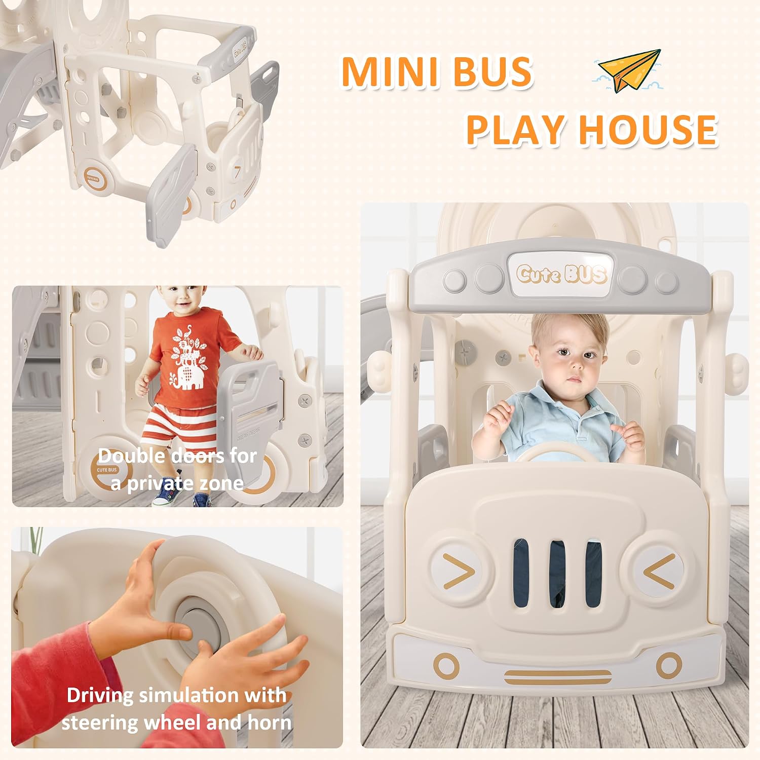 Elevon 4 in 1 Toddler Slide and Swing Set, Bus Themed Baby Slide for Toddlers, Indoor Outdoor Toddler Playground Backyard, Easy to Store, Safe Toy for Toddlers Slide, Kids - White & Gray