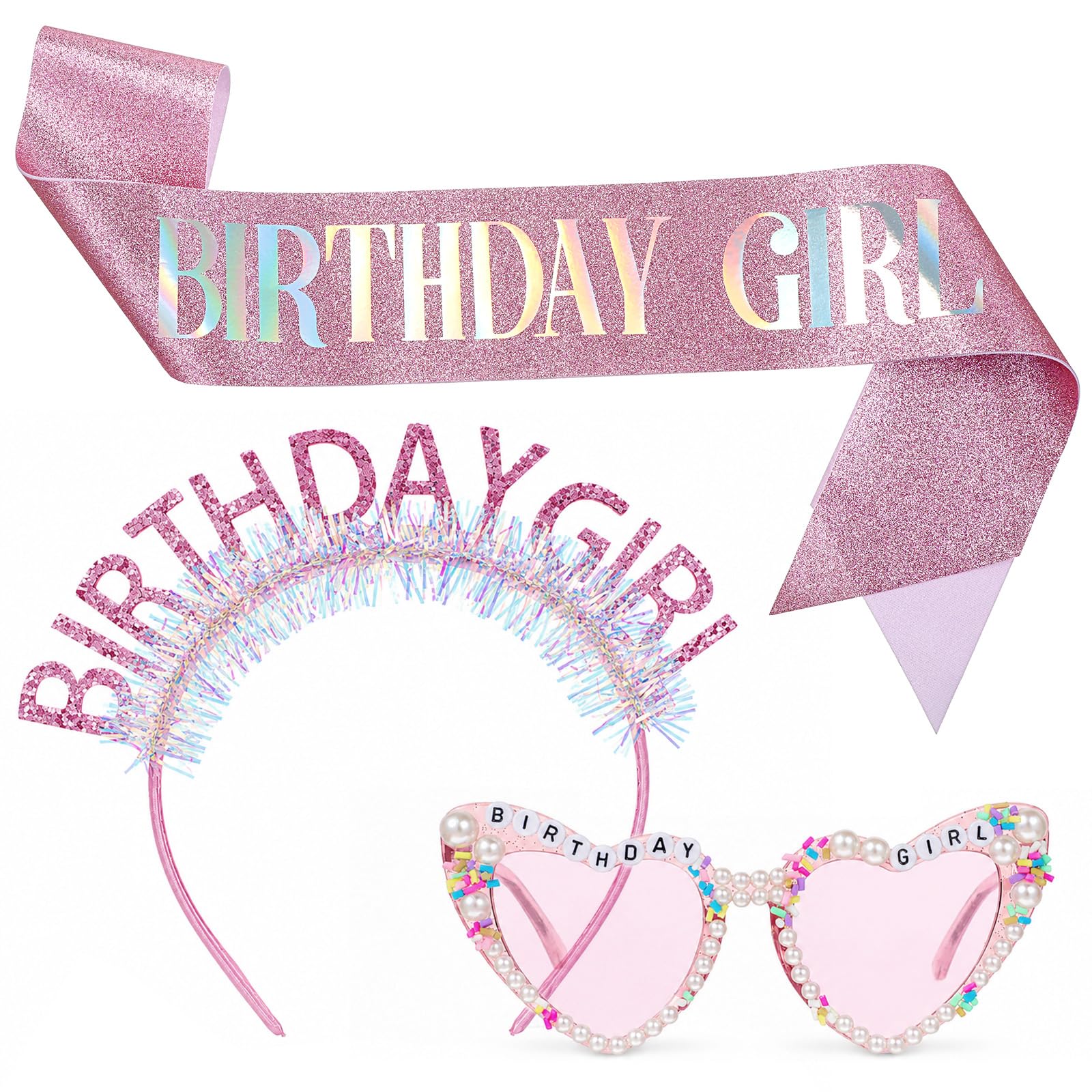 Gemoioio Birthday Sash Set Glitter 'birthday Girl ' Headband Tiara Crown Sunglasses Glitter Pink Favors Gift Outfit Accessories For Adult Women Princess Happy Birthday Party Decorations Fun Glasses