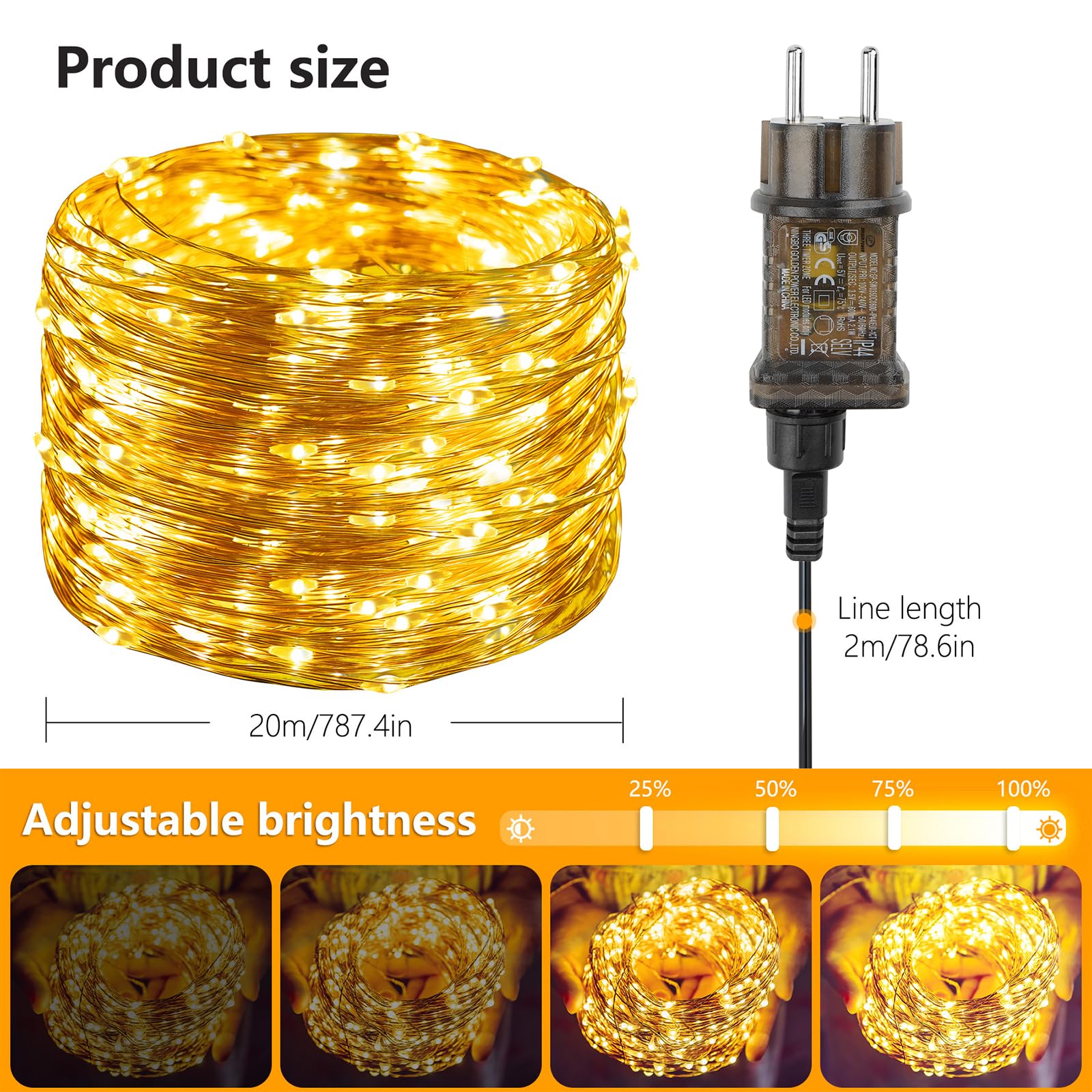 Guirnalda Luces 20M 200 LEDs, Cadena de Luces 8 Modes y Luz ajustable con Enchufe, Luce Navidad Impermeable IP65 para Navidad, Habitacion, Fiesta, Jardín, Bodas, Compleaños, Balcón - Blanco Cálido