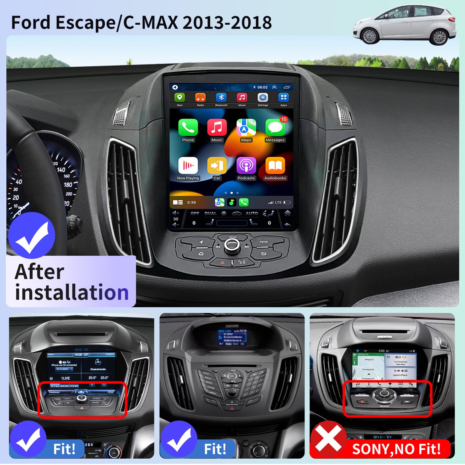 Car Radio for Ford Escape C-Mac Kuga 2013-2018 Stereo Carplay Upgrade Replacement Display Screen Android Auto Tesla Style with DSP Bluetooth WiFi SWC GPS Navigation in Dash Headunit