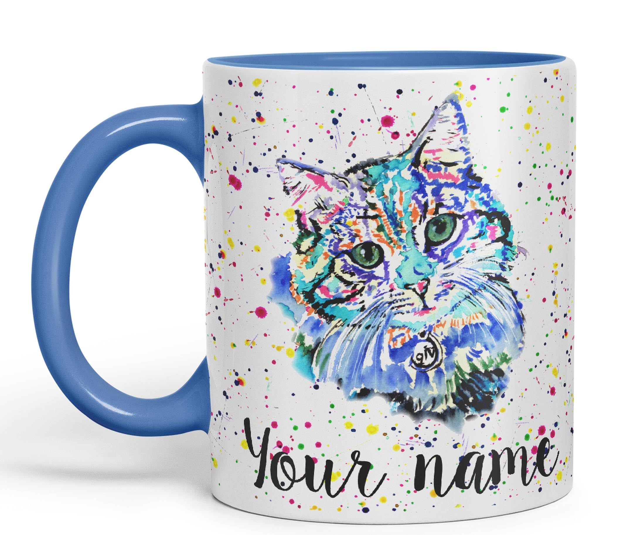 Vixar Personalised with Your Text Blue Cat Kitten Feline Watercolour Art Coloured Ceramic Mug Cup Gift 330ml 11oz Custom Work Office Tea Coffee (C Blue)