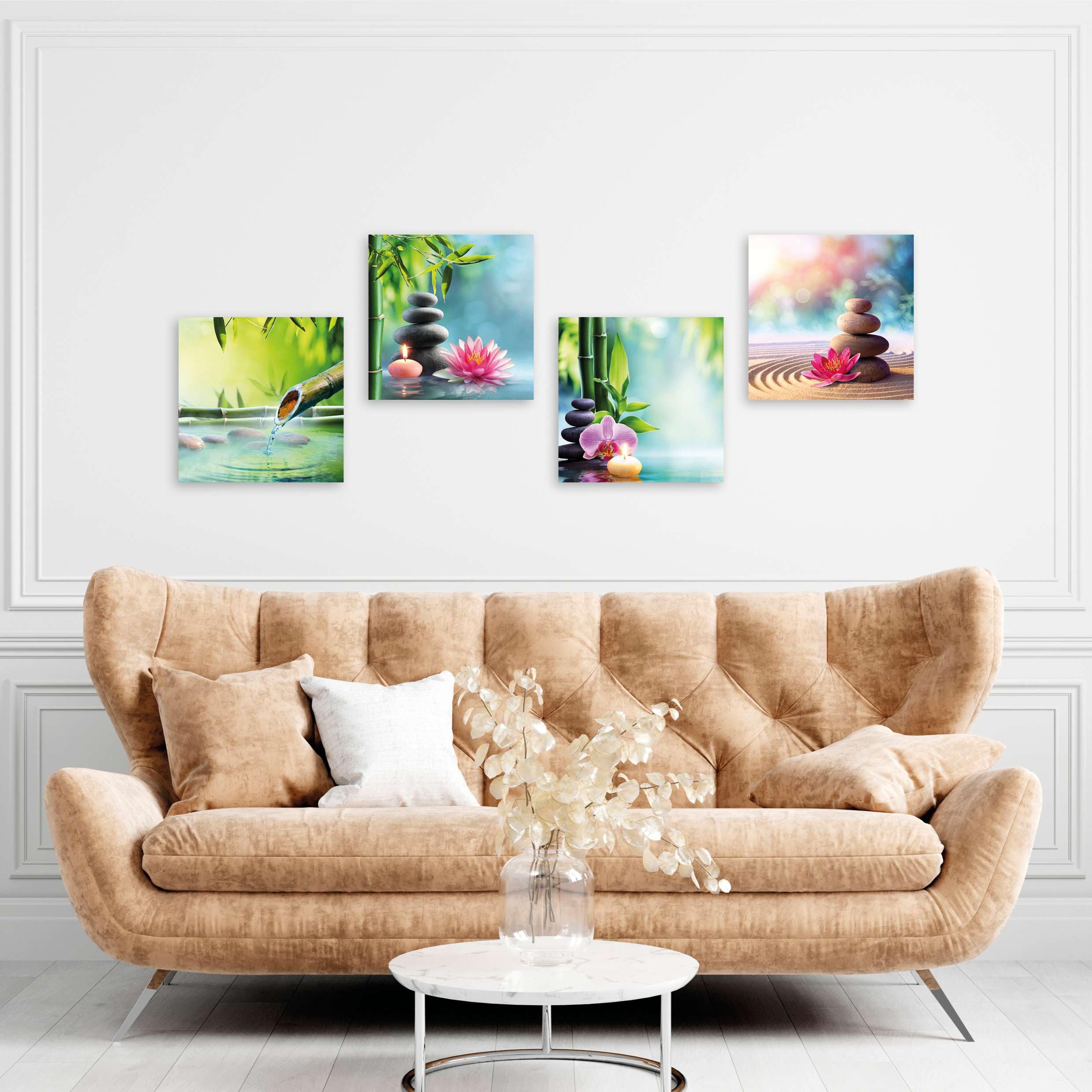LuxHomeDecor Set di 4 quadri 30x30 cm – stampa su tela con telaio in legno – zen spa rilassante con fiori, bambù e pietre