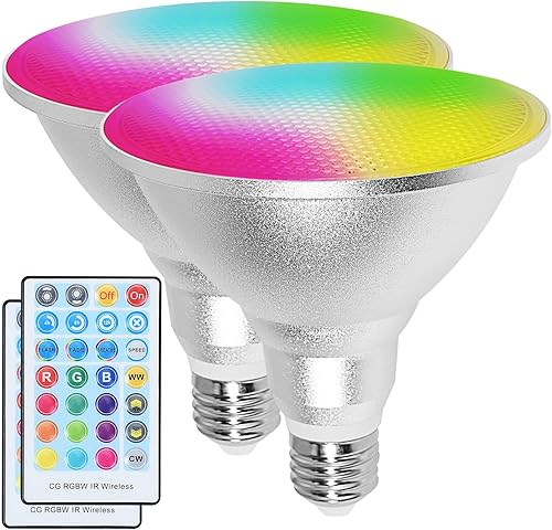 Miniatura 1 de Bombillas de inundación que cambian de color a prueba de agua, foco LED PAR38 con control remoto, RGB + frío + blanco cálido, 1800 lm, atenuación,