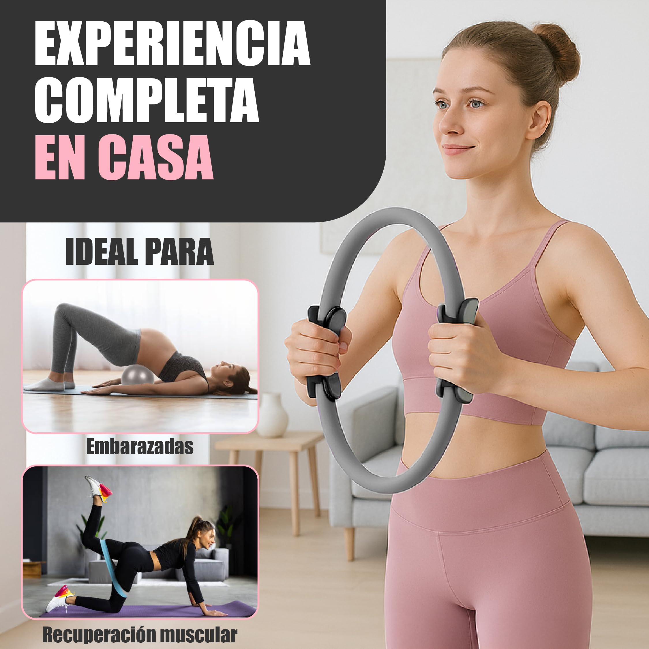 Kit Pilates a Casa: con cerchio, palla e fasce elastiche - Set completo di esercizi per fitness, yoga e muscolo - Accessori Pilates multifunzione colore grigio premium