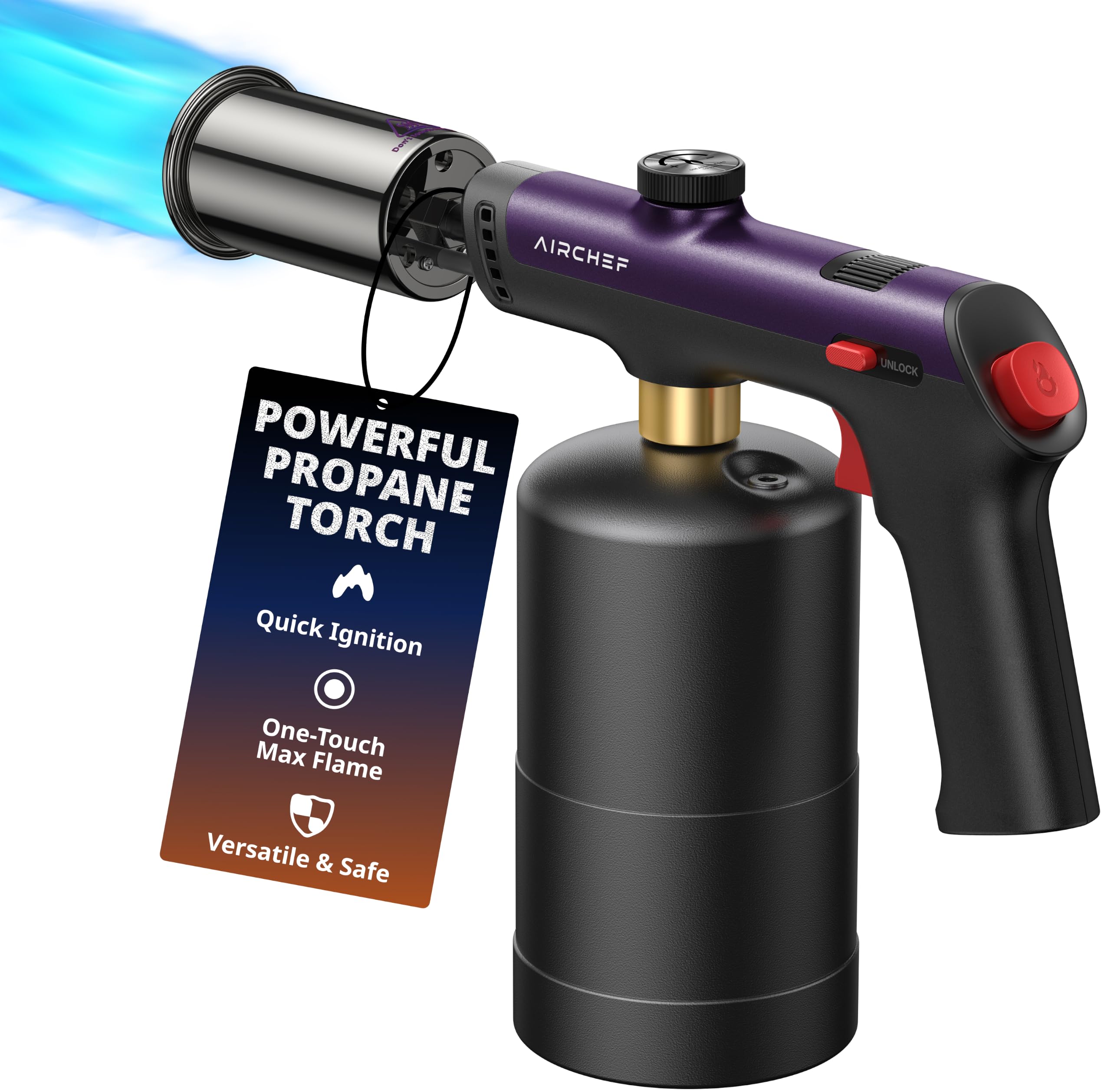 AirChef Propane Torch Gun, One-Touch Max Fire, Safety Lock, Royal Purple | 3272°F High Heat, Adjustable flame control, Steak searing, BBQ grilling, Charcoal starting, Flame Thrower, Tank not included