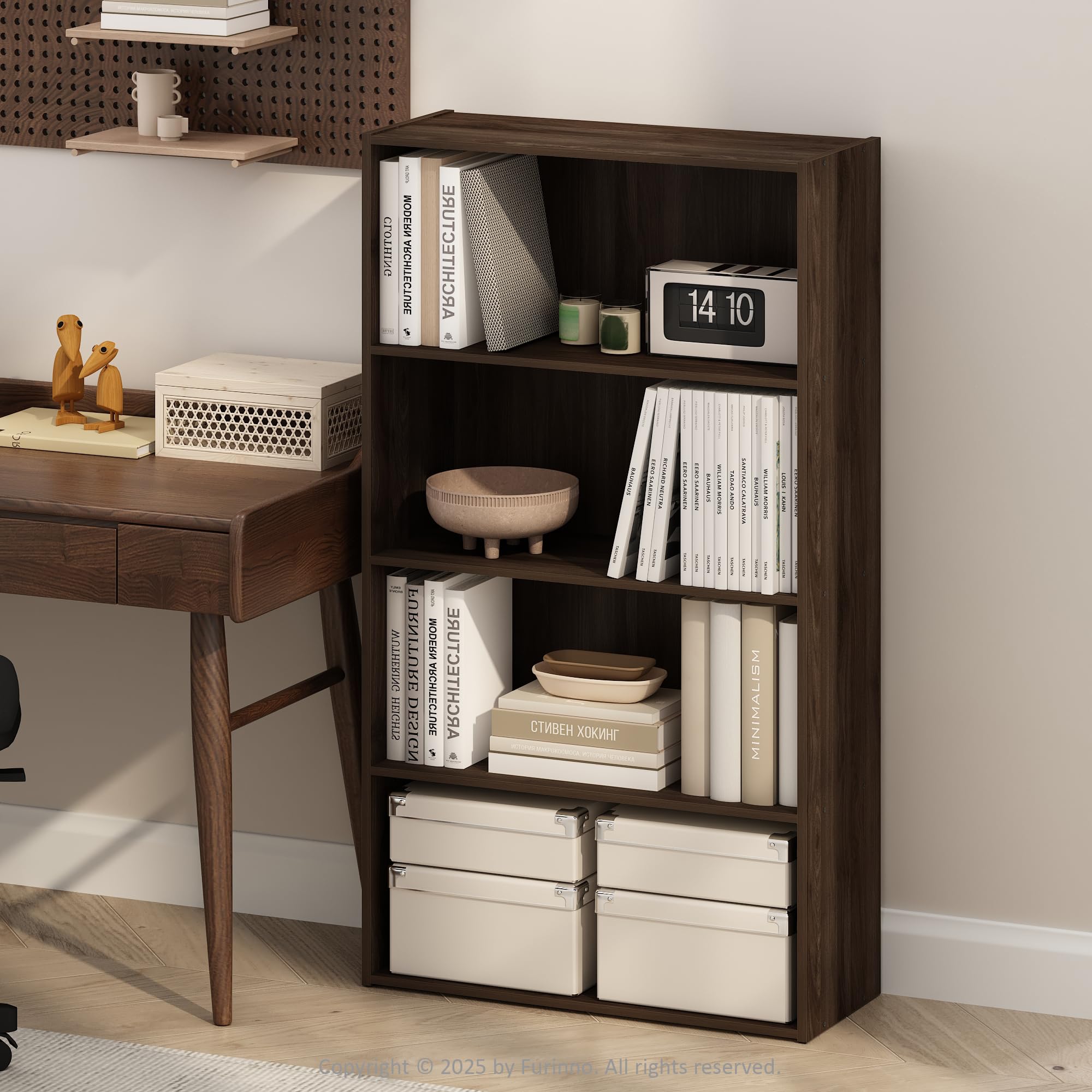 Furinno SIMPLE Book Shelf, 4-Tier Bookshelf, Bookcase with Open Shelf, 9.4 x 23.6 x 41.7, for Living Room, Bedroom, Home Office, Columbia Walnut