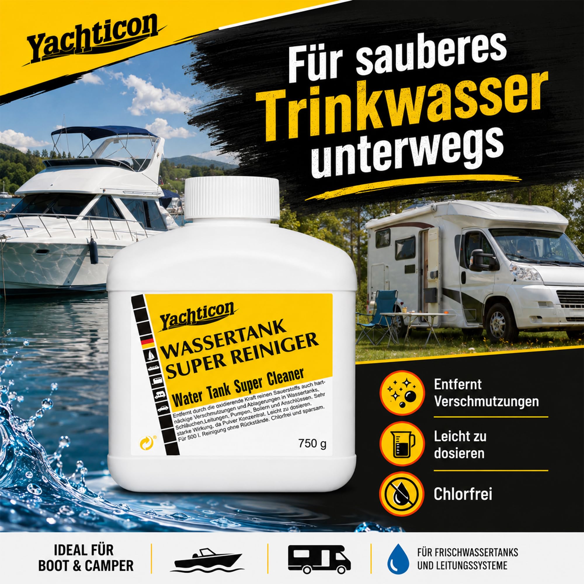 Wassertank Reiniger Wohnmobil 750 g – chlorfreier Wassertank Super Reiniger für Frischwassertank, Leitungen & Boiler | entfernt Ablagerungen & Verschmutzungen in Camping, Caravan & Boot
