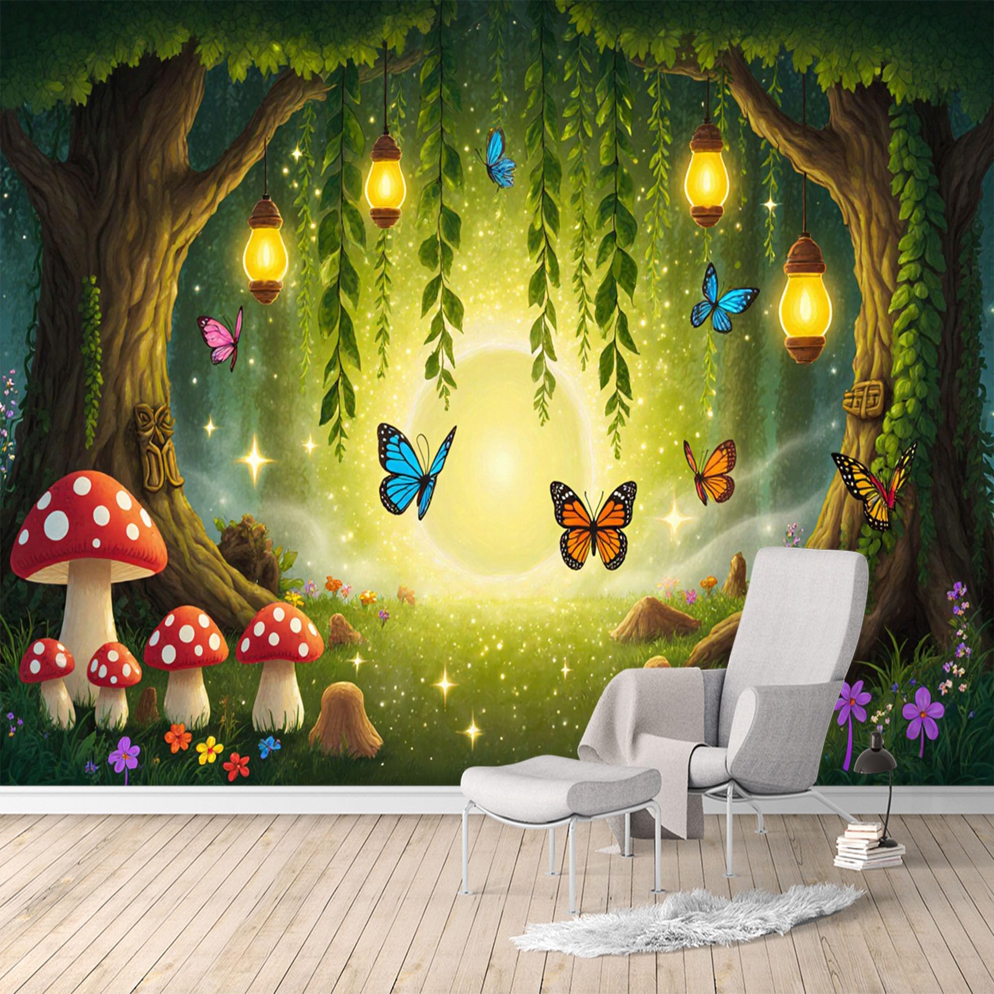 Custom Size Wall Murals, Enchanted Forest Butterfly Mushroom Glow, SelfAdhesive Water Activated Removable Wall Covering, Large Photo Wallpaper for Living Room Bedroom Office