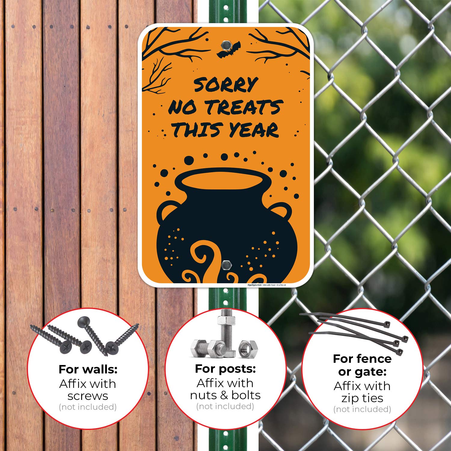 Halloween Decorations Sorry No Treats This Year Sign, Cauldron, Bats, 12x18 Inches, Rust Free .063 Aluminum, Fade Resistant, Made in USA