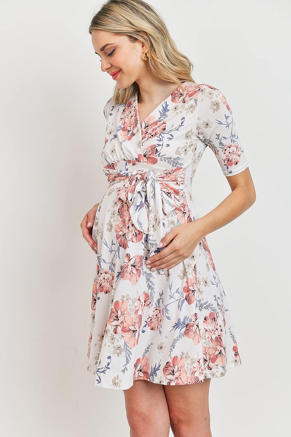 HELLO MIZ Women's Maternity Dress V-Neck Short Sleeve for Baby Shower (Cream/Coral Flower, X-Large)