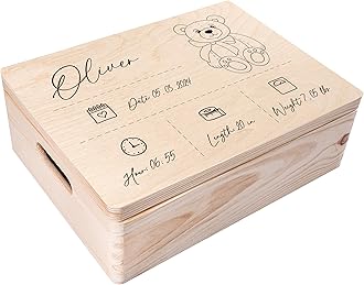 Personalized Wooden Storage Box Baby Memory Box Line | 15.8x11.8x5.5in (+-0.5) | Mutiple Choice | Hinged Lid Handle Engraving | Unpainted Gift Box | UNSANDED Keepsake Souvenir Chest