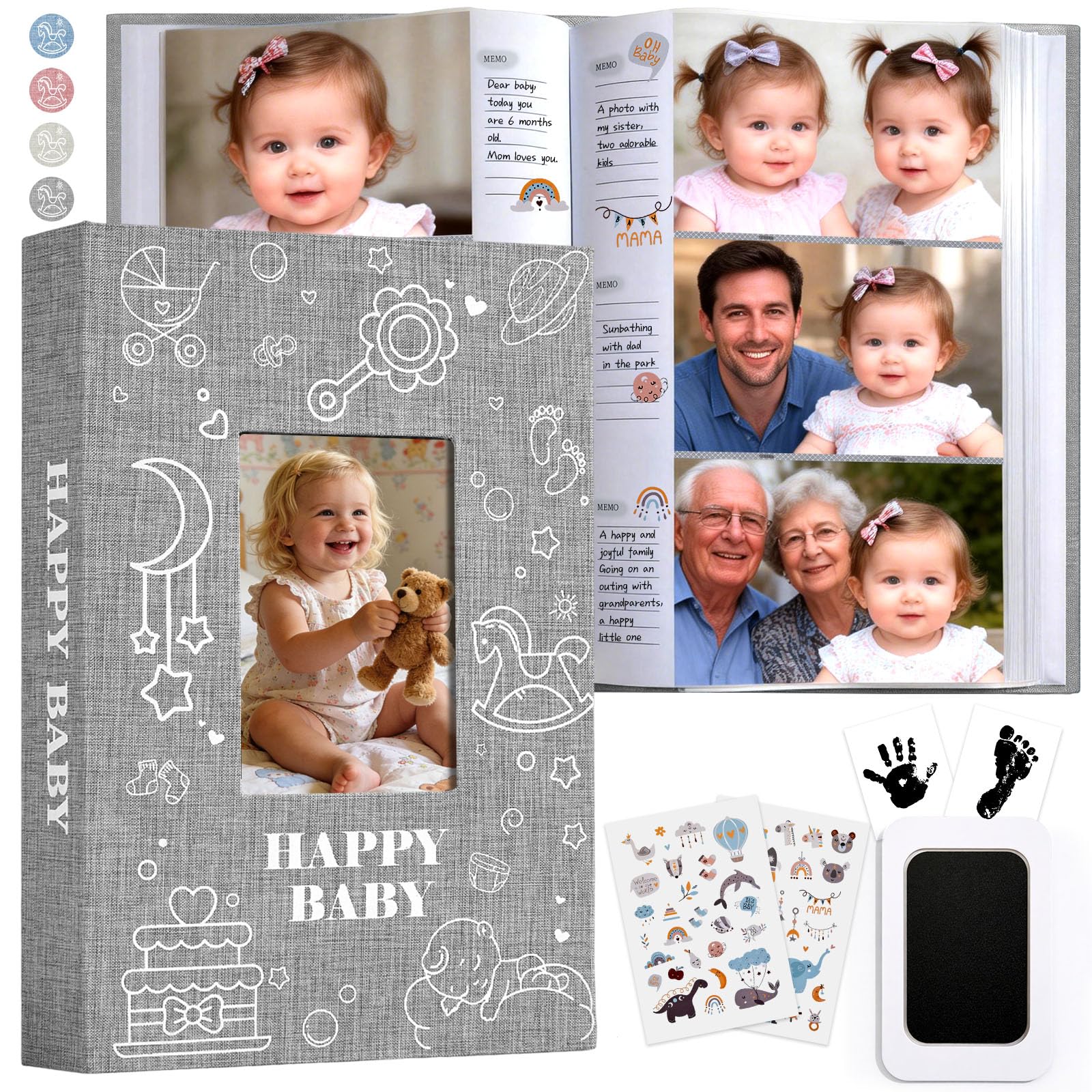 Baby Photo Album 4x6 300 Pockets with Memo Area, Photo Stickers & Hand and Footprint Kit, Linen Cover Baby Memory Book with Front Window, First Year Keepsake for Newborn Boy Girl
