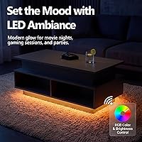 Vista 5 de YESHOMY Mesa de Centro Elevable de 40" con Almacenamiento Oculto y Luces LED Multicolor, Mesa Cuadrada Moderna de Madera con 4 Estantes Abiertos