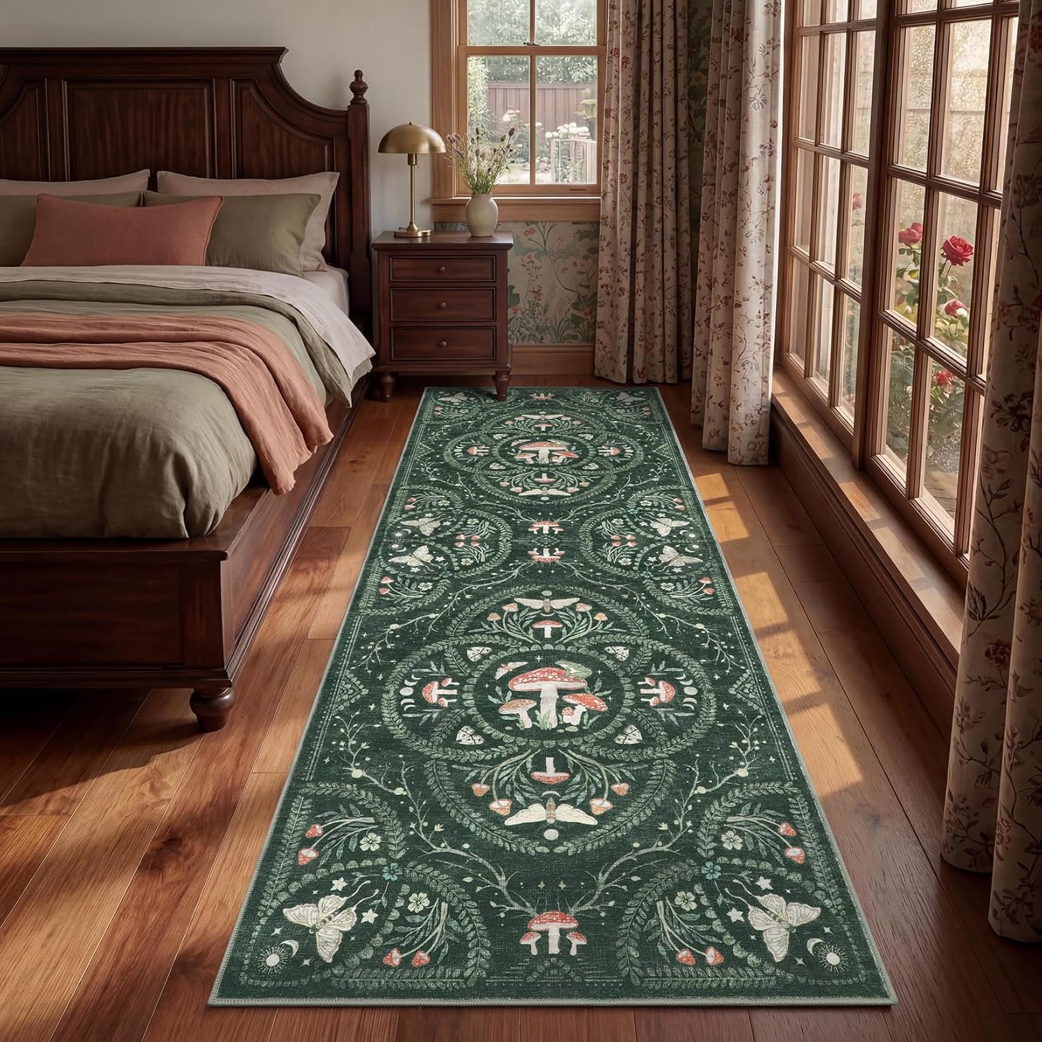 Garvee Mushroom 2x6 Runner Rug for Hallway, Dark Academia Gothic Rugs, Non Slip Washable Low Pile Kitchen Carpet with Rubber, Bug Entryway Rugs Stain Resistant for Bedroom Laundry Room, Green