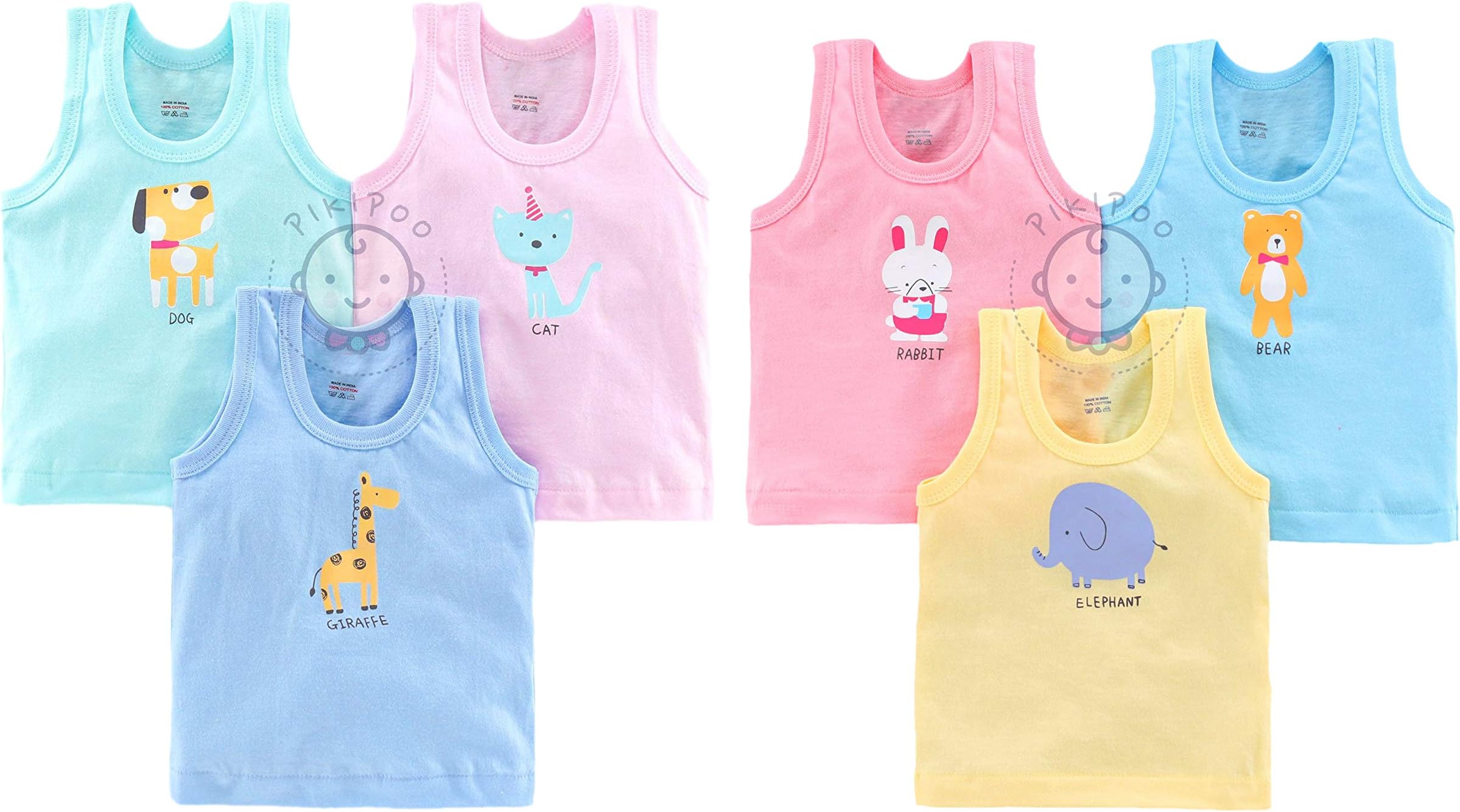 PIKIPOO Printed Baby Vest for Kids Cotton Sleeveless Sando Baniyan Toddler Innerwear Baby Cloth for Boys & Girls Pack of 6
