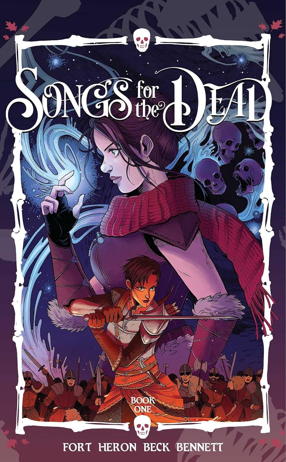 Couverture du livre 'Curse of Death' d'Ellie Owen, représentant une femme avec des cheveux roux allongés allongée à côté d'un squelette, avec une épée visible à côté d'eux.