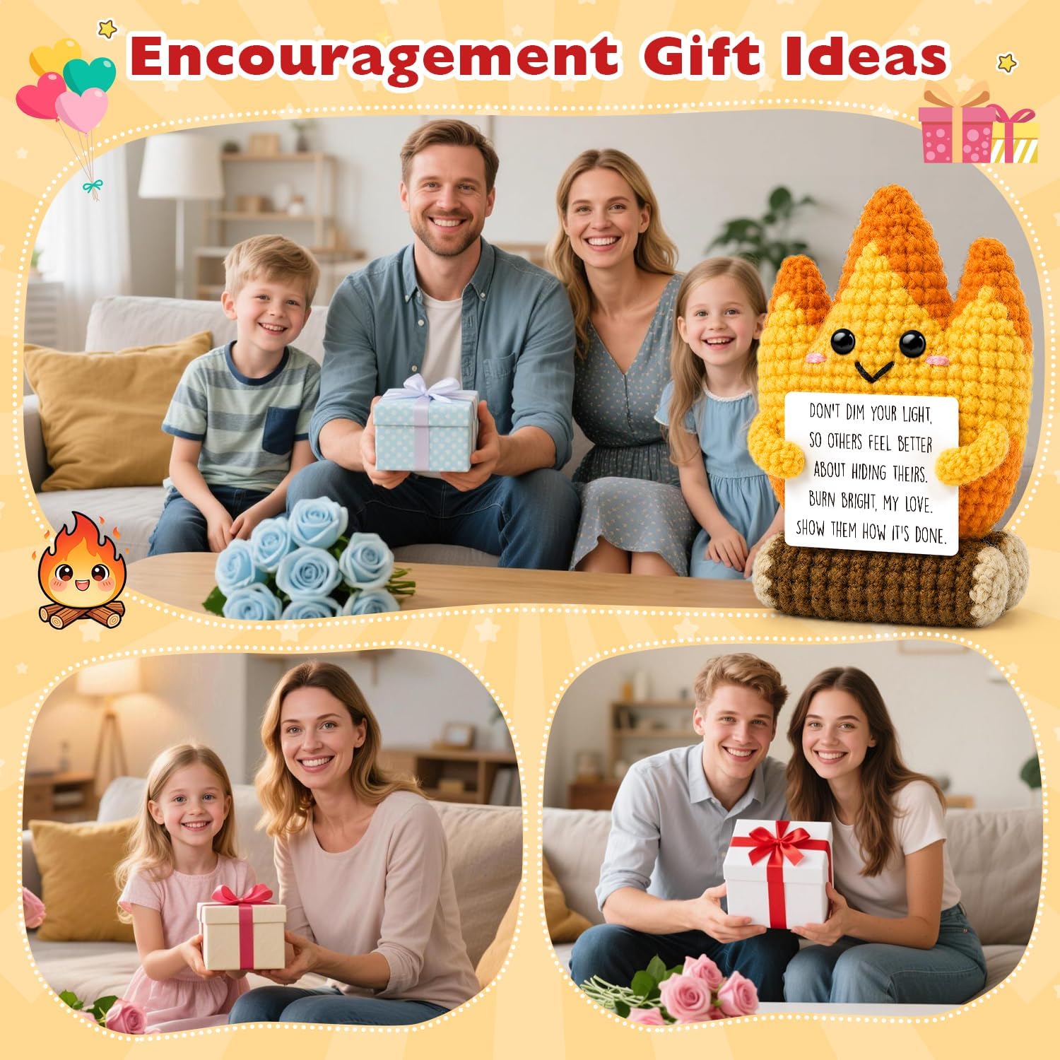 Inspirational Encouragement Gifts for Women Friends, Handcrafted Crochet Campfire Keepsake, Emotional Support Desk Decor, Positive Affirmation Cheer Up Present for Daughter Girlfriend Wife