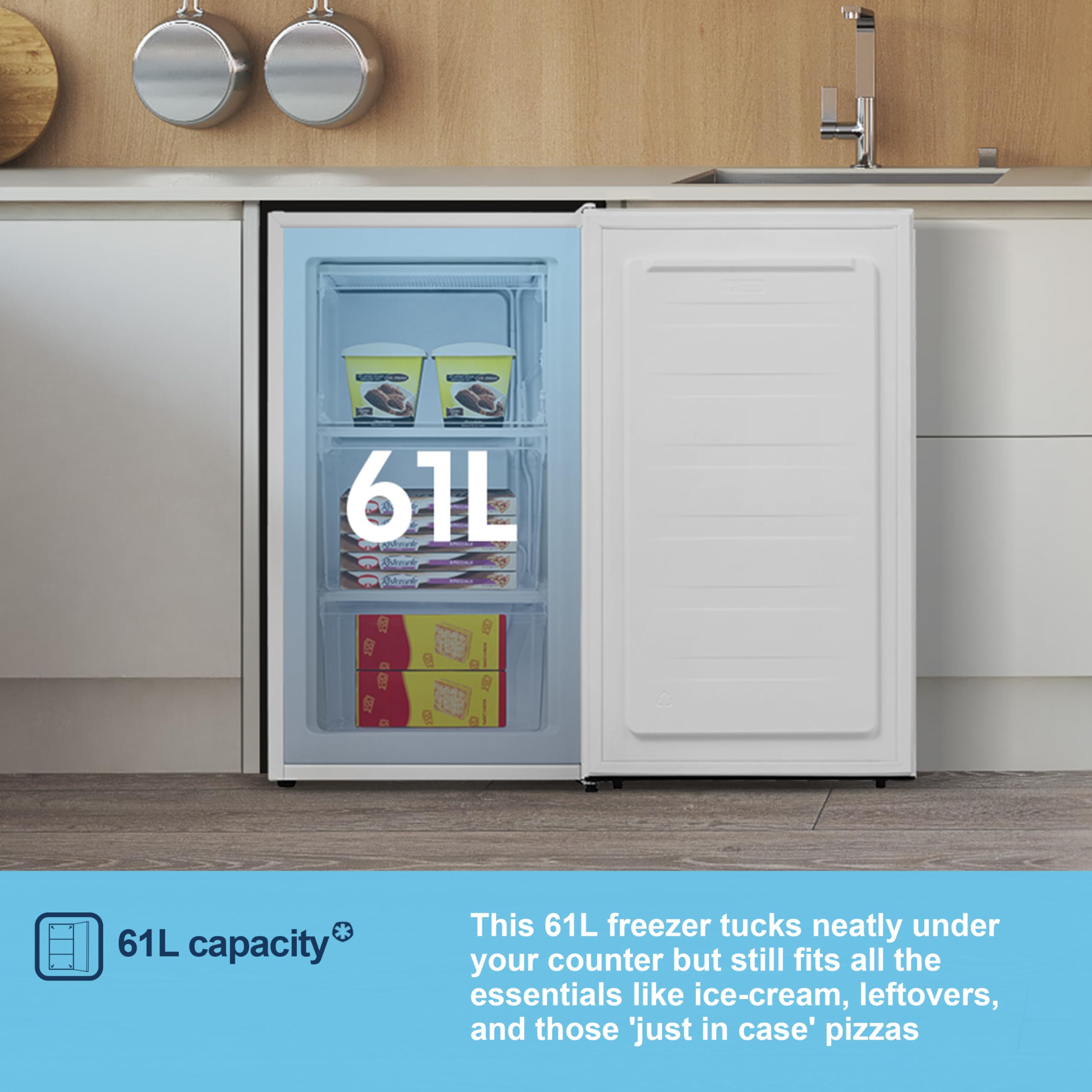 Fridgemaster MUZ4860E Freestanding Undercounter Freezer, 61Litres, 4 Star Freezer Rating, 48cm width, E Rated in White — view 5