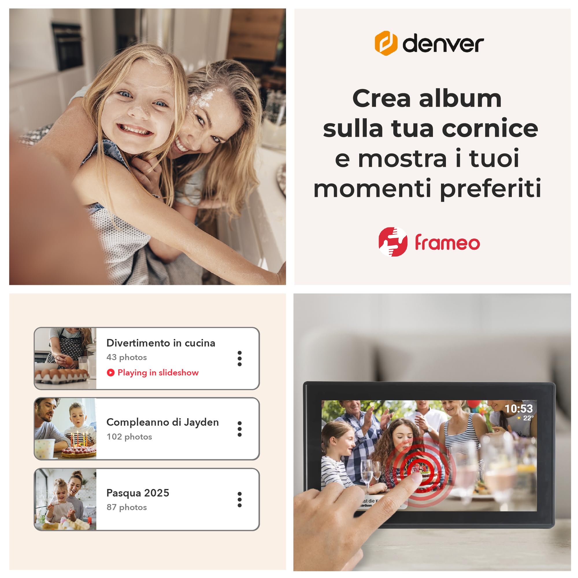 Denver PFF-1515B - Cornice digitale Wi-Fi - Schermo touch screen Full HD IPS da 15,6 pollici, software FRAMEO integrato, condivisione wireless, spegnimento notturno automatico, memoria da 16 GB, nero