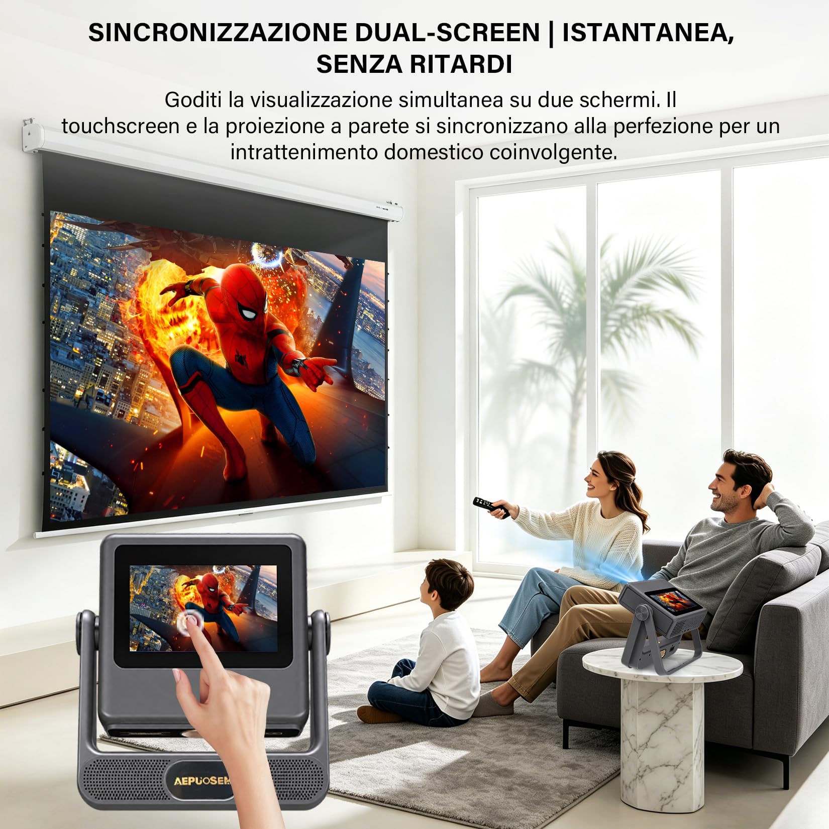 Proiettore Smart Compatibile 4K, Videoproiettore Full HD 1080P con Touchscreen, Doppio Display, 1200 ANSI, Autofocus, WiFi 6 Bluetooth, 1000+ App, Audio 25W per Home Cinema Camera Grigio