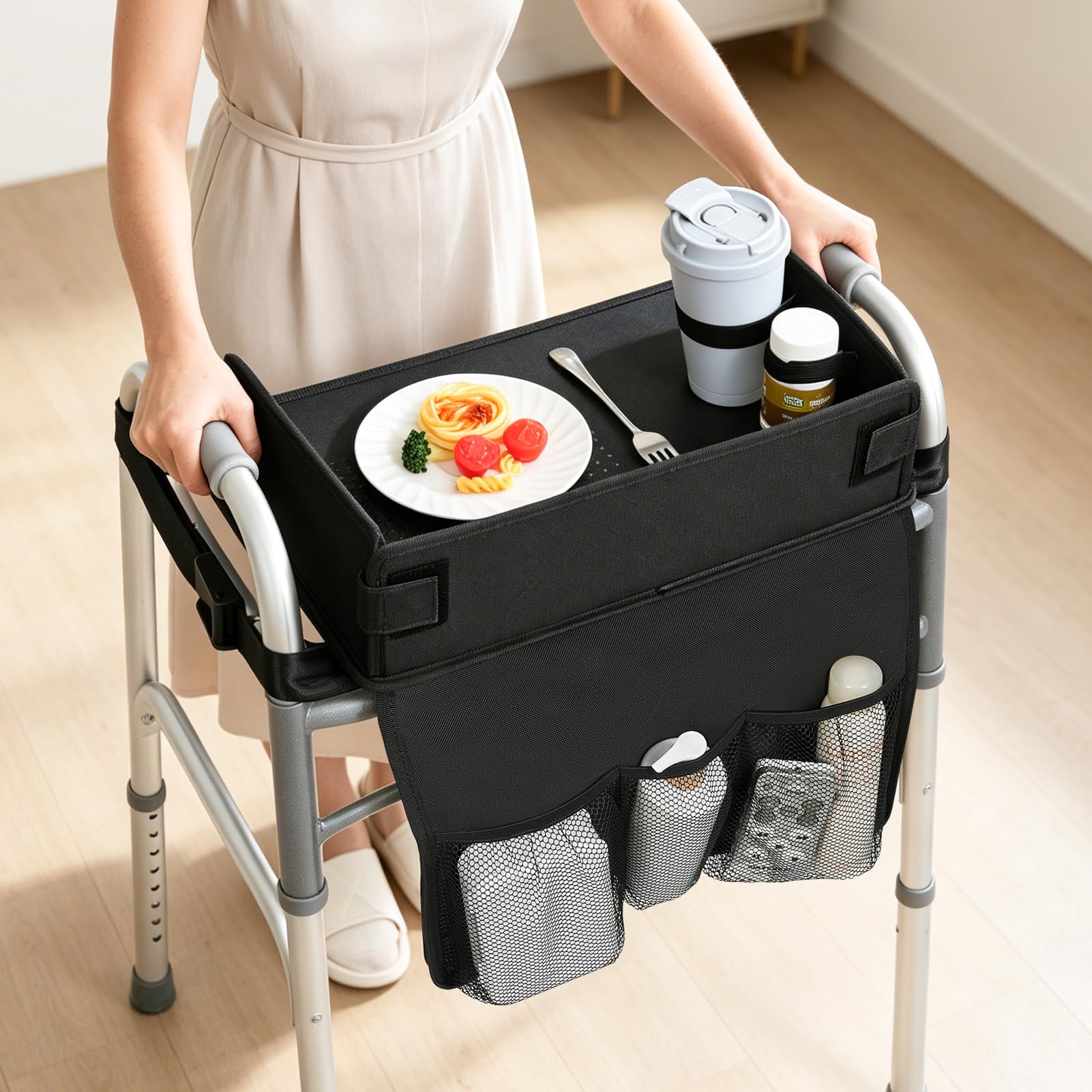 Tray for Walkers for Seniors with Cup Holder - Walker Accessories 【w/Pockets, Cup Holder &amp; Non Slip Mat for Food】Mobility Trays Fits Most Standard Folding Walkers, Removable &amp; Easy Assembly
