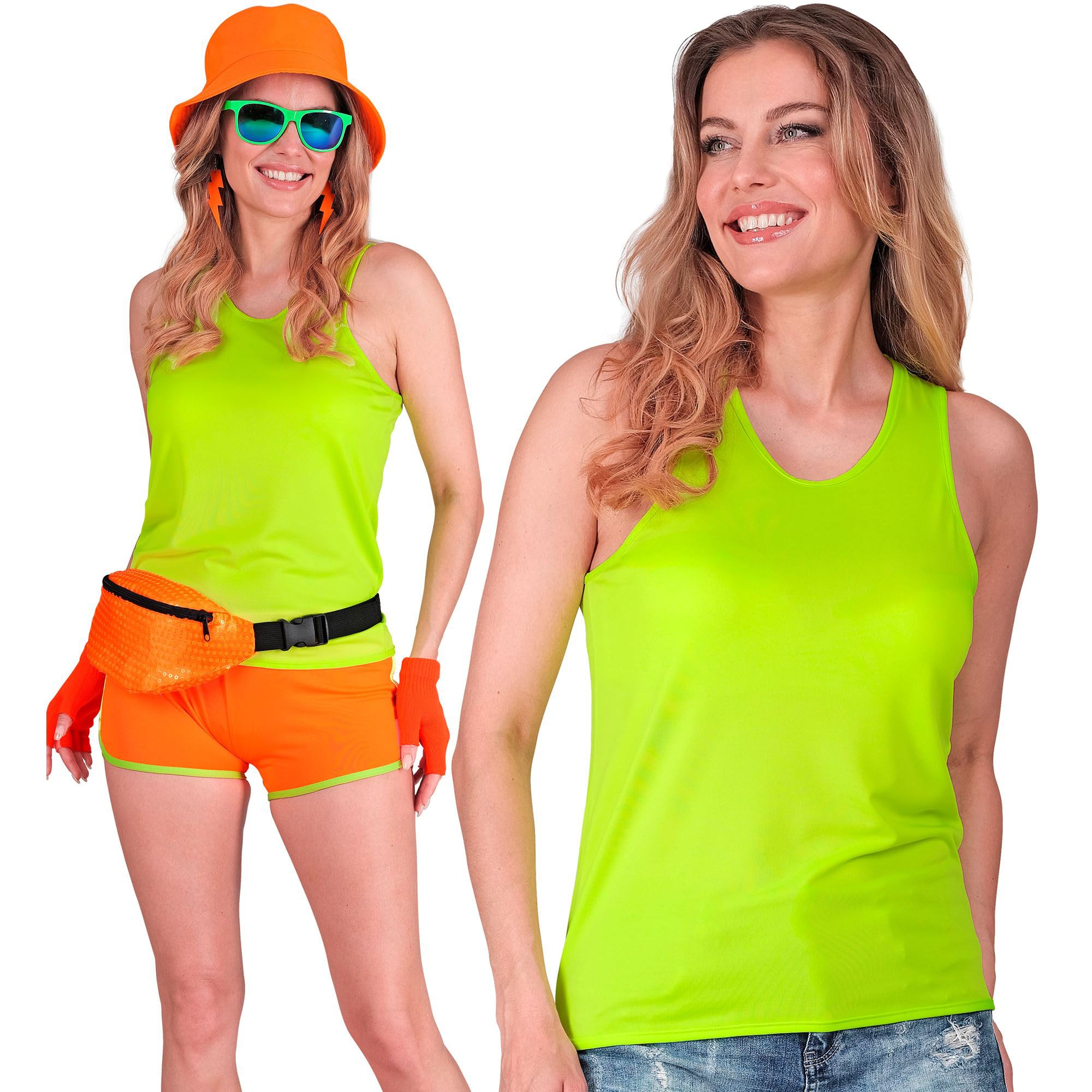 W WIDMANN MILANO Party Fashion - Women's Tank Top Shirt Top 80s Theme Party Carnival Neon Green