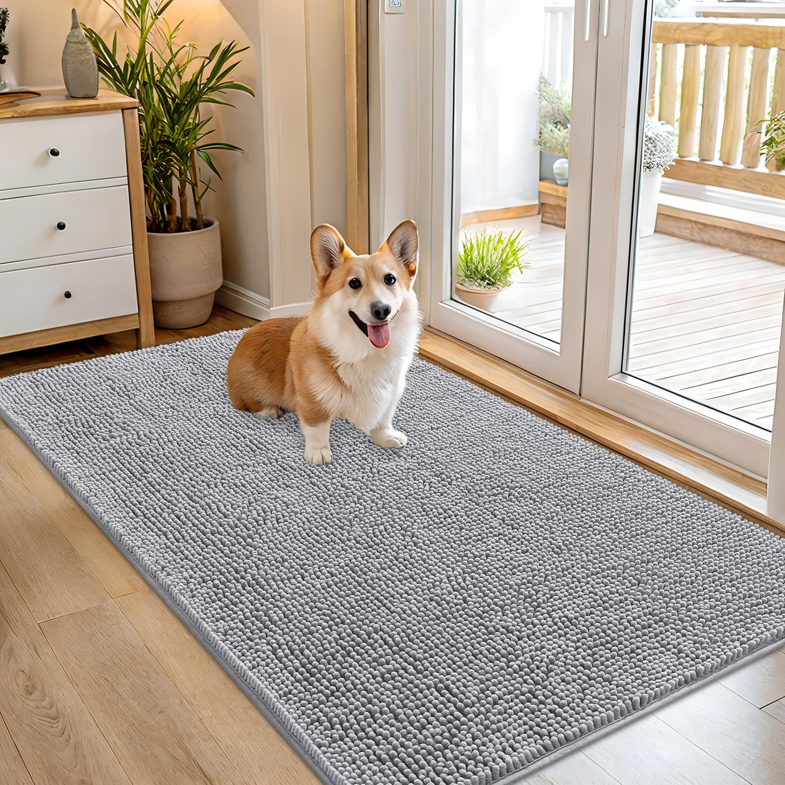 OLANLY Dog Door Mat for Muddy Paws 54x32, Absorbs Moisture and Dirt, Absorbent Non-Slip Washable Doormat, Quick Dry Chenille Mud Mat for Dogs, Entry Indoor Entryway Carpet for Inside Floor, Light Grey — image 1