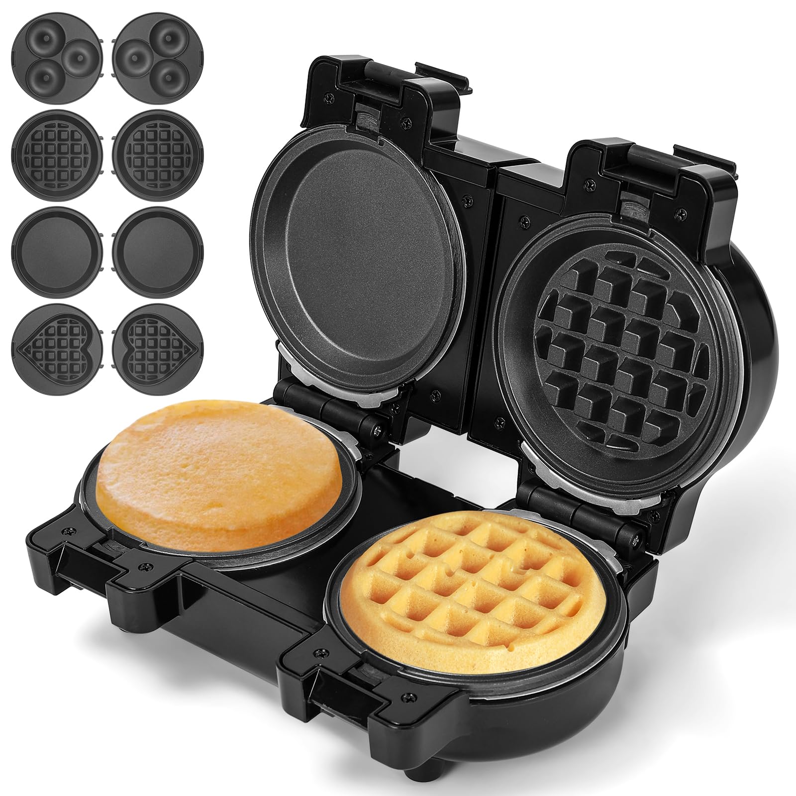 4 in 1 Dual Mini Waffles Maker with 8 Removable Plates, 5" Non Stick Plate