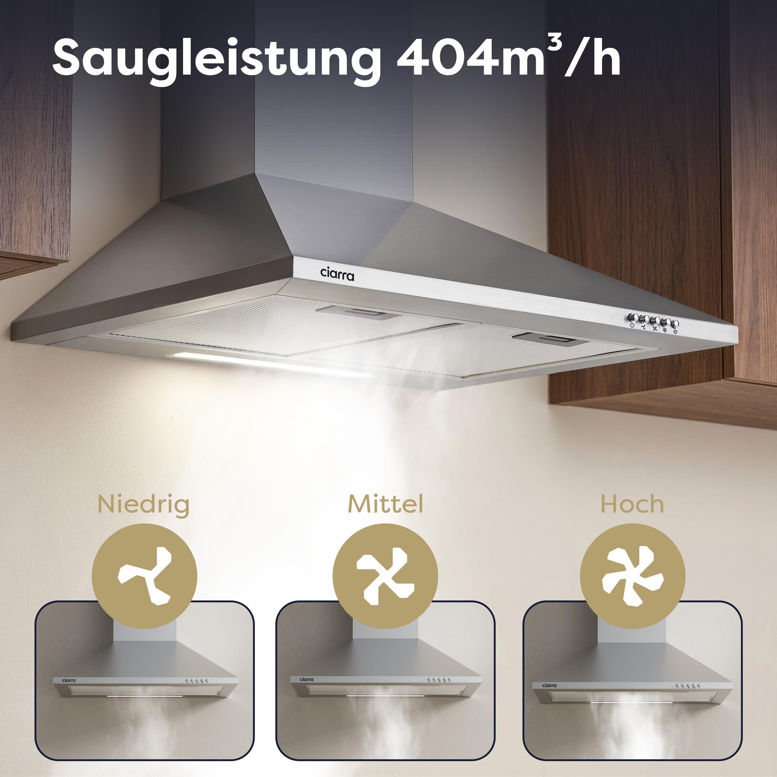 CIARRA CBCS6201 A++ Dunstabzugshaube 60 cm Edelstahl Pyramide Umluft Abluft 404 m³/h 60 dB 3 Leistungsstufen inkl. Aktivkohlefilter Fettfilter
