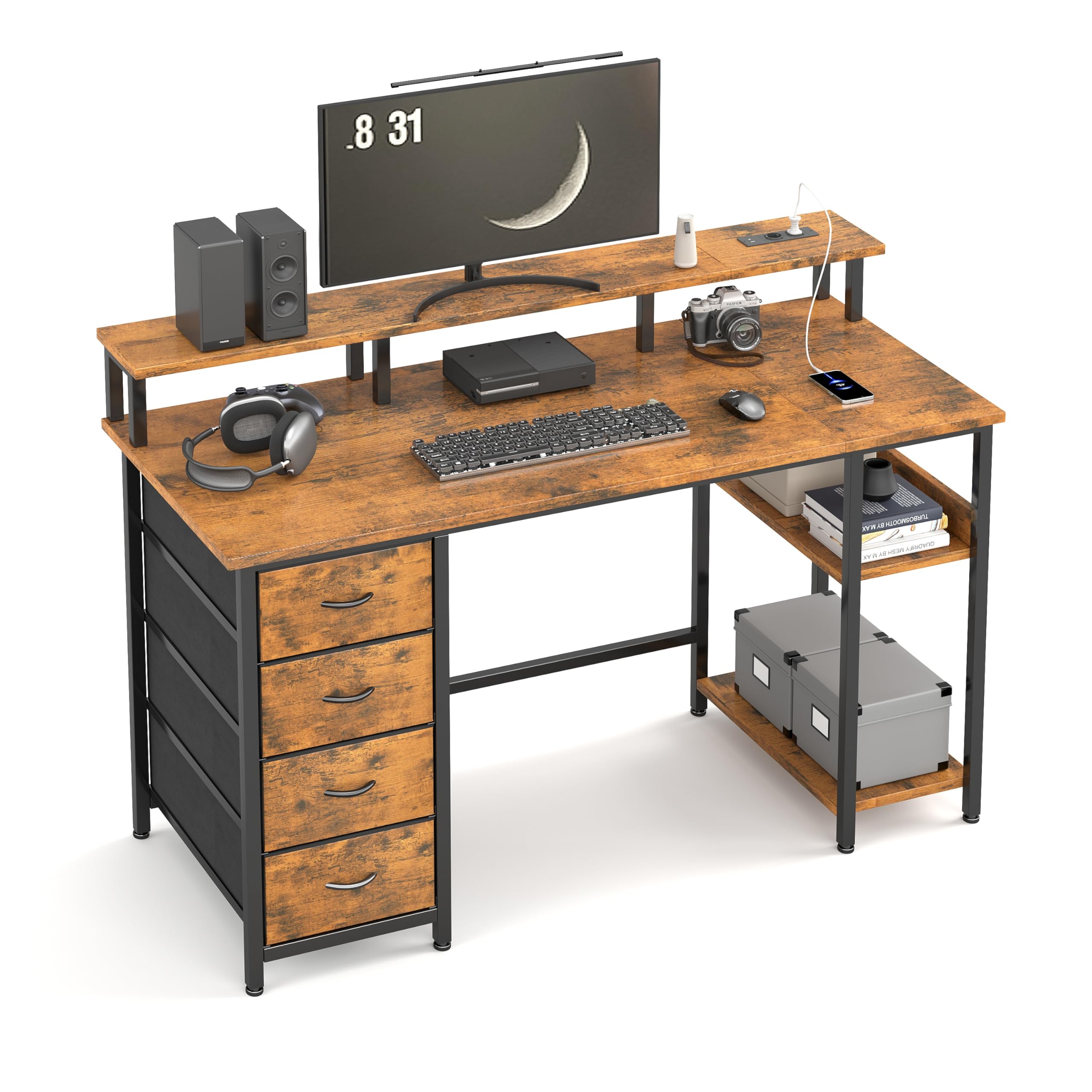 Gaming Table, PC Desk, 120 x 50 cm with 4 Fabric Drawers and Sockets, Small Computer Desk with Monitor Shelf, Office Table with Storage Space for Home Office, Desk for Work and Gaming, Brown