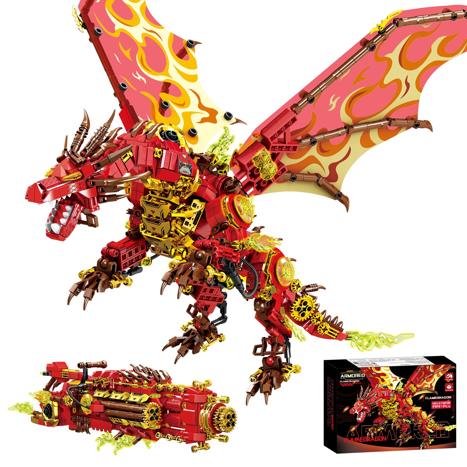 HJPLPXH 2-in-1 Armored Flame Dragon Building Blocks Set 1414 Pieces