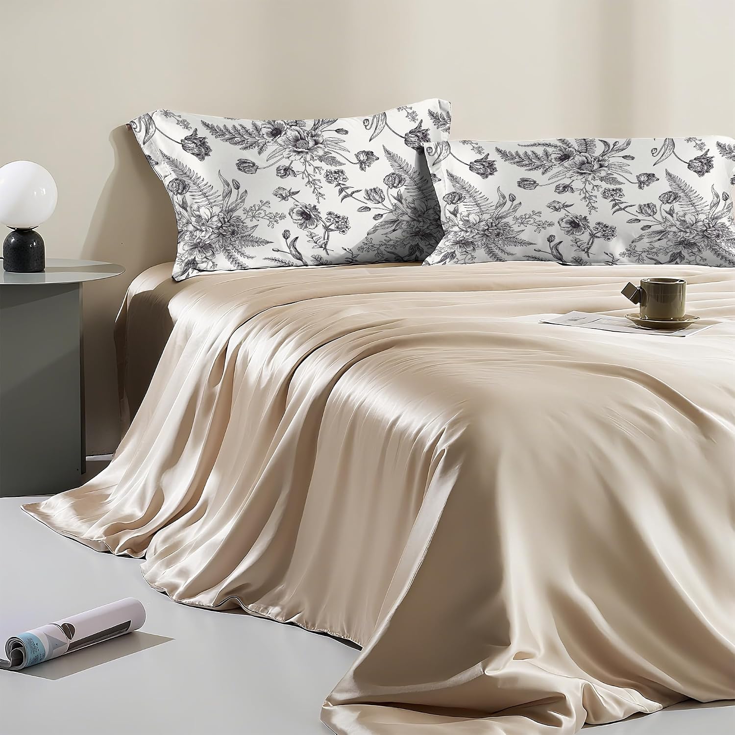Satin Pillowcase 1 Pack-Black and White Peony Tulips Vintage Floral Silky Pillow Cover for Hair and Skin,Standard Size 20x26 Inch Soft Cooling Printed Pillow Cases with Hidden Zipper