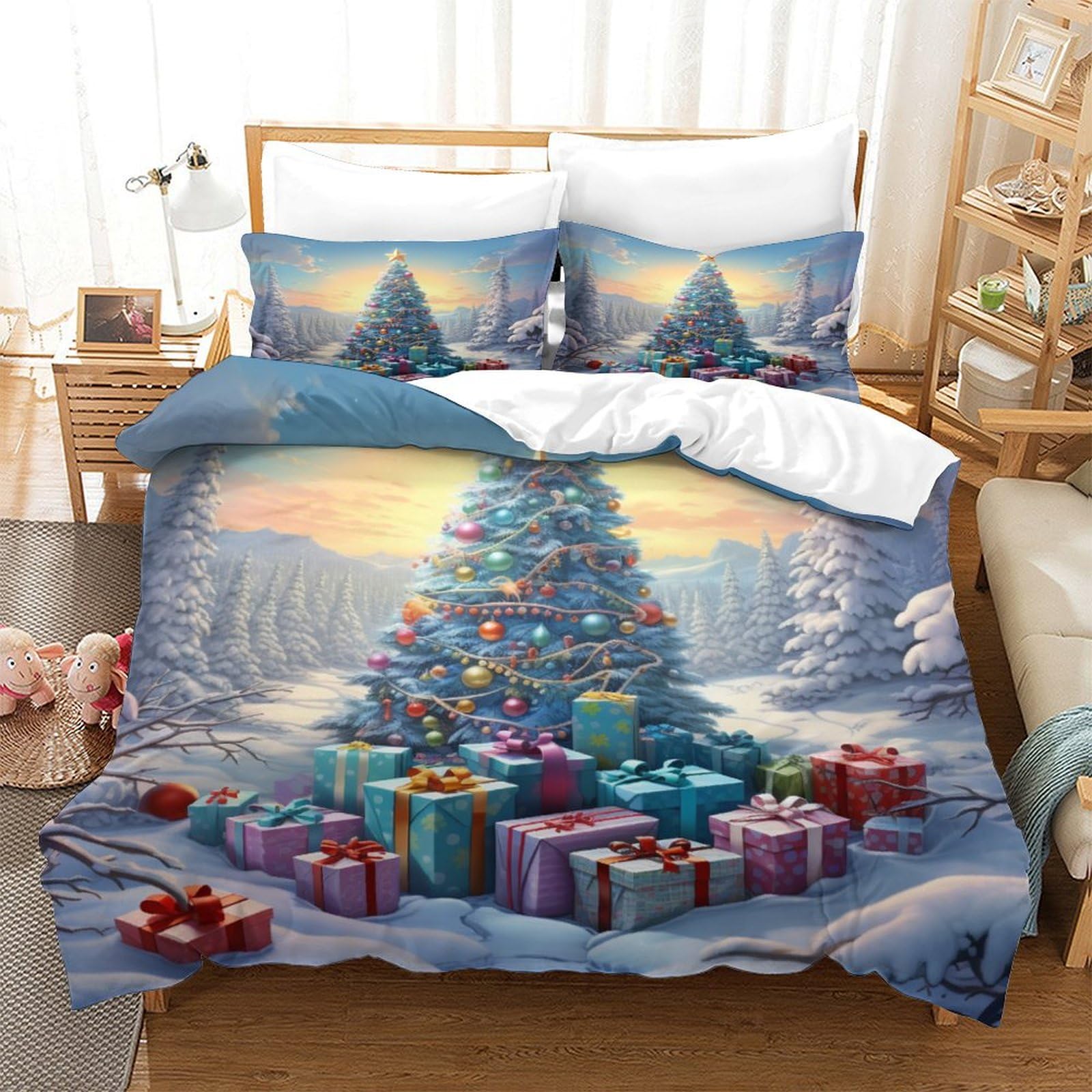 OPANZYYDE Christmas Tree Duvet Cover 3 PCS Hotel Quality Quilt Cover Bedding Bed Covers with Pillowcases with Zipper Closure Breathable Stylish Comforter Super King（260x220cm）