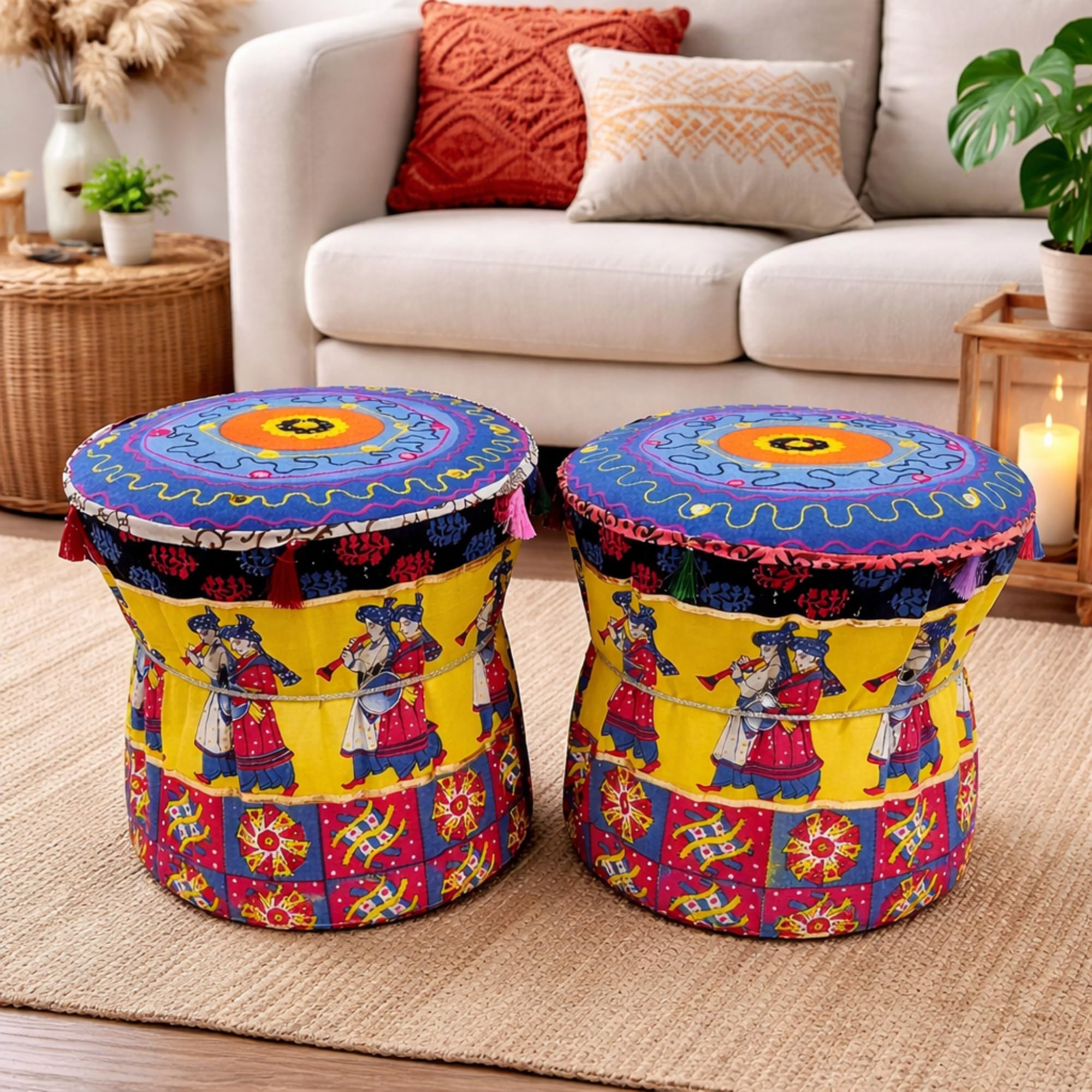 Yellow Traditional Folk Mudda Boho Pouffe Ottoman Cover Round Mandala Print Cotton Footstool Set of 2 Pieces Muda Cover ONLY-image-30