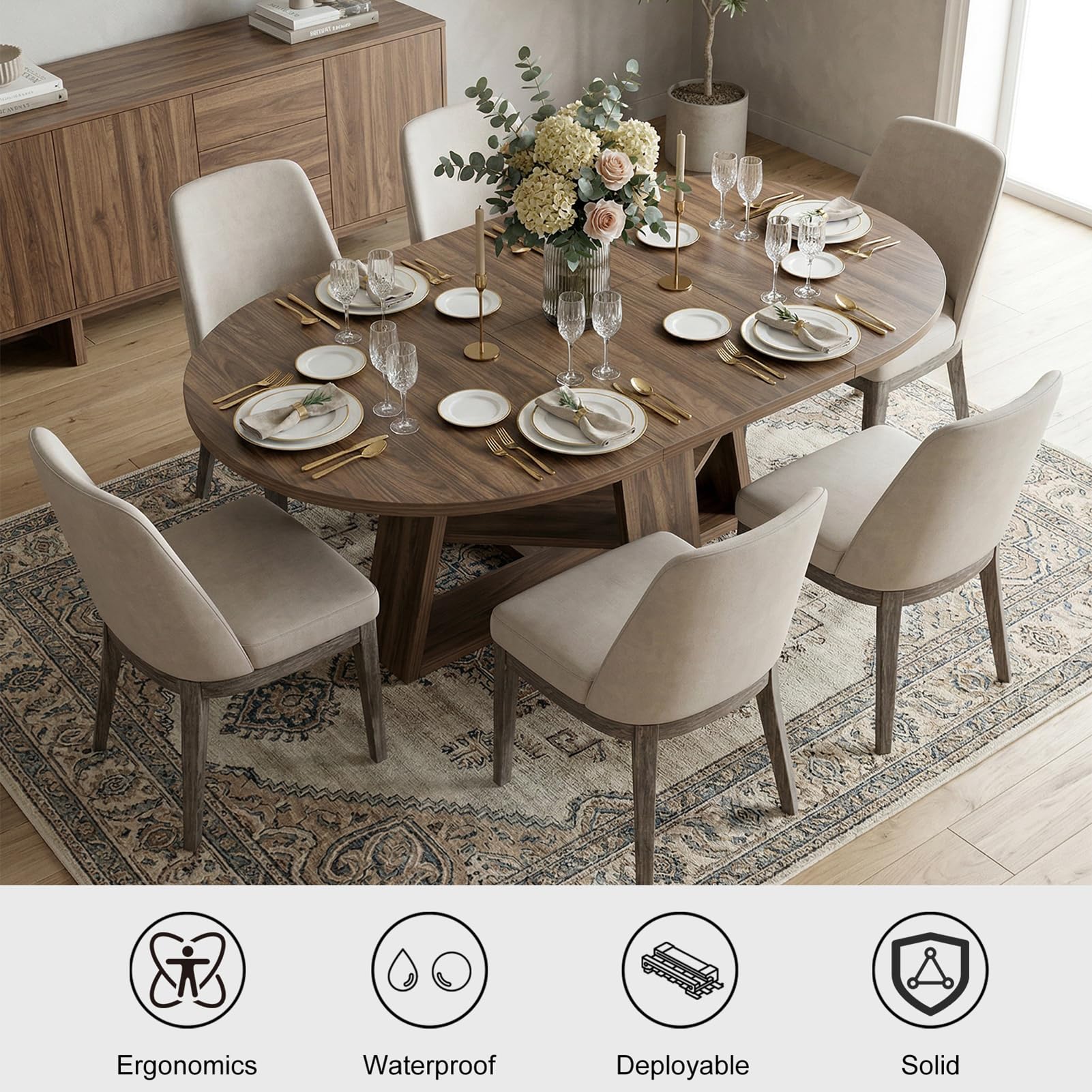 Mesa de comedor extensible de madera de nogal, redonda, con estante, para 4-6 personas, moderna, que ahorra espacio