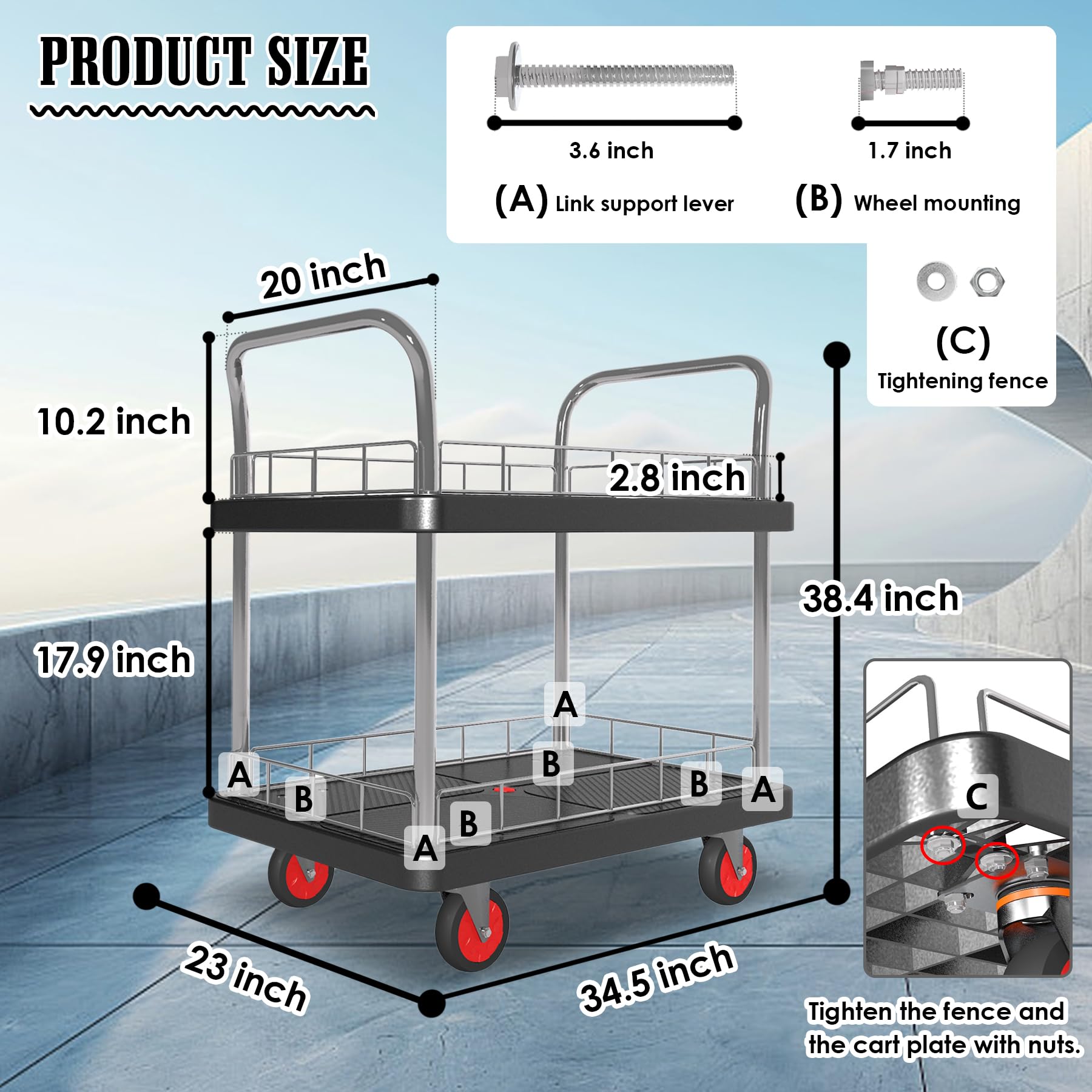 Heavy-Duty Utility Cart - 2 Shelves, 660lbs Capacity -4