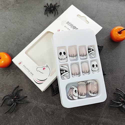 Miniatura 4 de Uñas postizas cortas a presión de Halloween, uñas postizas de punta francesa con bonito diseño de esqueleto y momia, uñas postizas cuadradas de