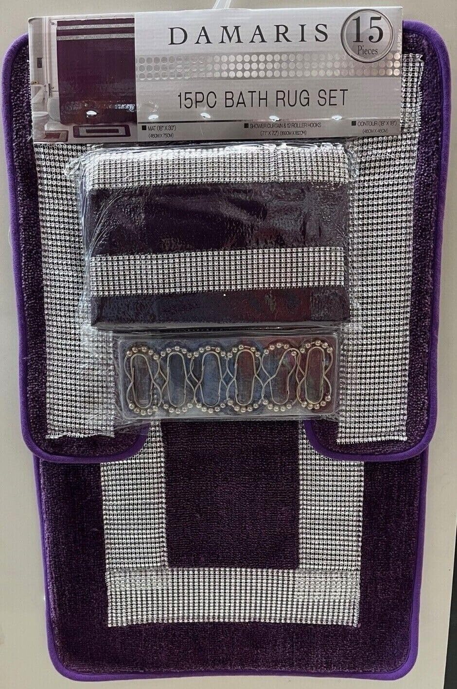 Damaris 15 Piece Shower Curtain, Rug, Contour Rug and 12 Rings with Silver Metallic Border (Purple)