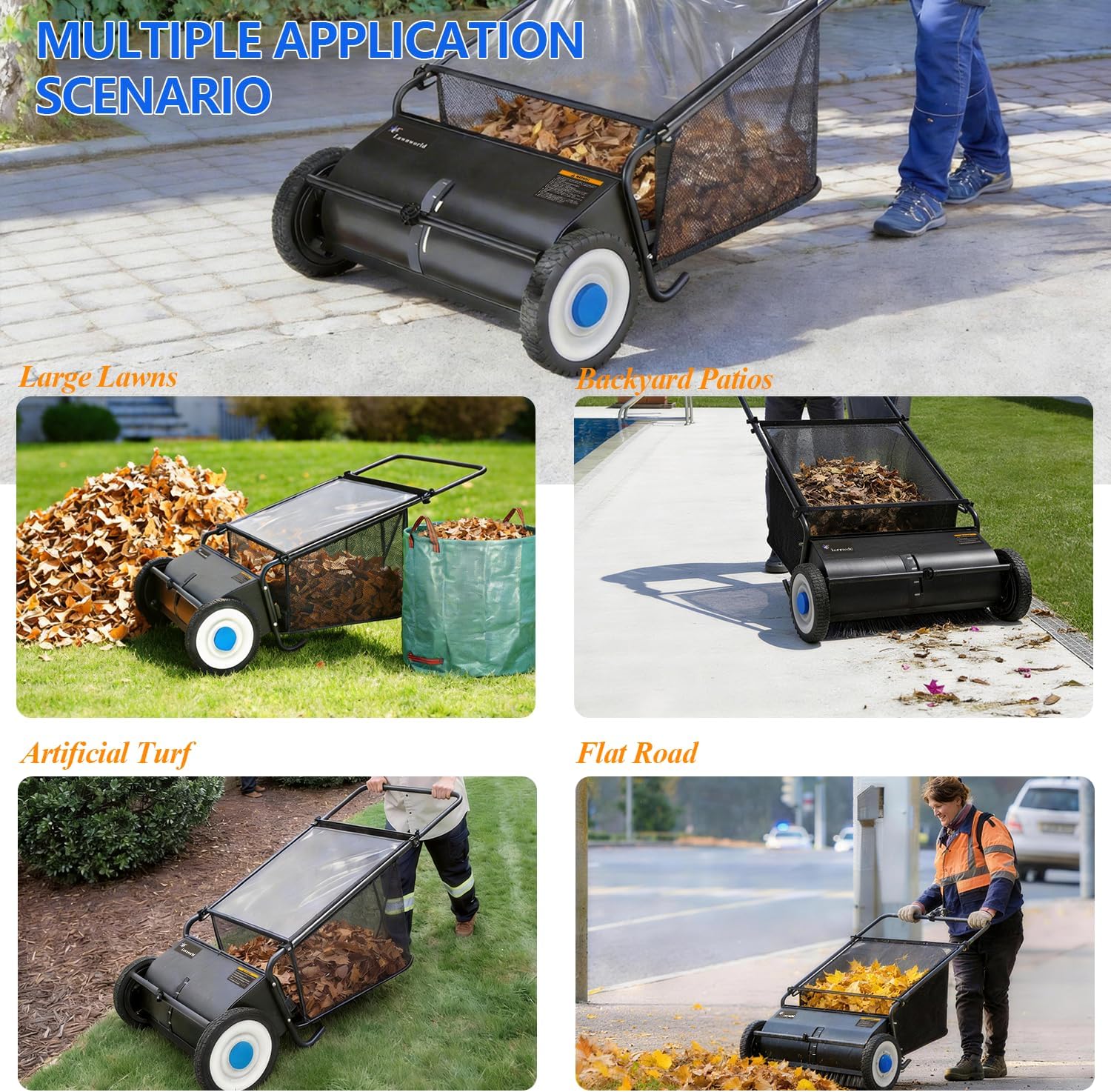 Lawn Sweeper, Manual Push Lawn Sweeper for Leaves & Grass Clippings, Yard Sweeper with Adjustable Brush Height and Collection Bag for Lawn Garden Cleanup