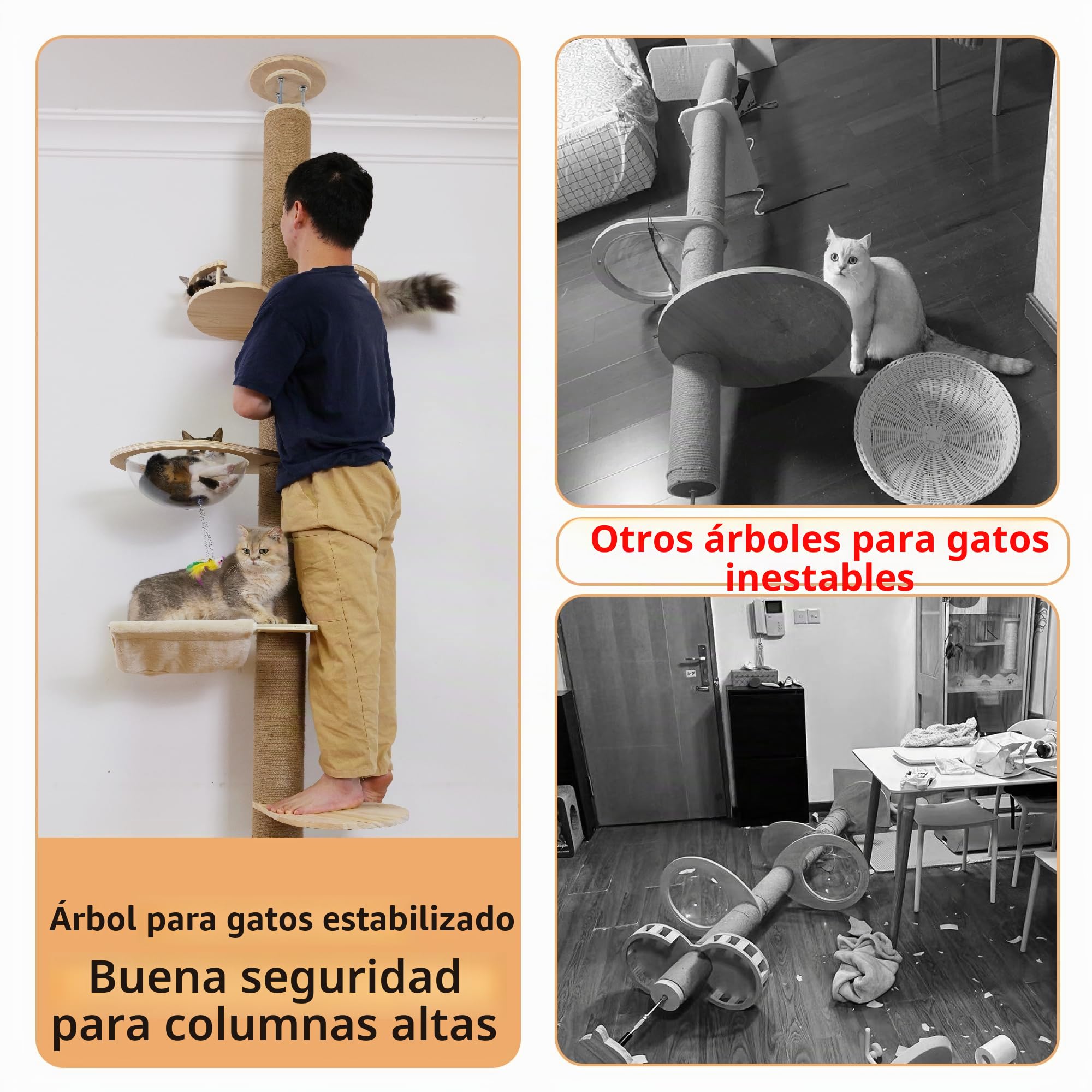 Árbol rascador para gatos de piso a techo, altura (127-304,8 cm), ajustable, 5 niveles de cáñamo, árbol rascador alto, árbol robusto para gatos para interiores y exteriores